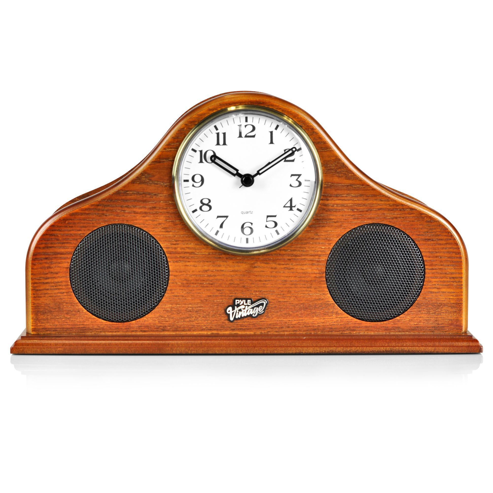 Pyle Tabletop Vintage Clock Speaker System, Quartz, Bluetooth, Handcrafted Birch Wood - Brown (PVNTLCL41BT)