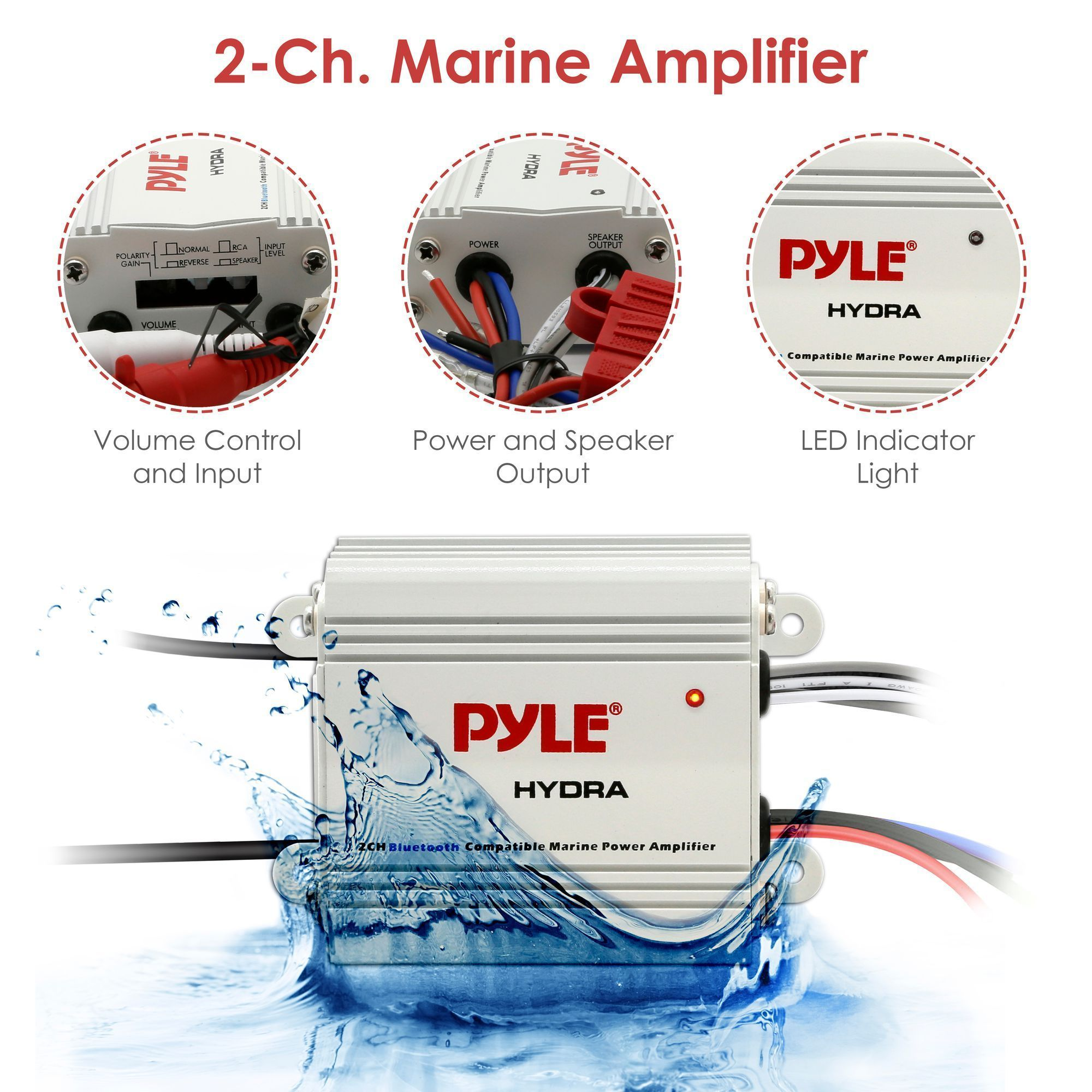 Pyle Auto 2-Channel Bridgeable Marine Amplifier - 200 Watt RMS 4 OHM Full Range Stereo with Wireless Bluetooth & Powerful Prime Speaker - High Crossover HD Music Audio Multi Channel System PLMRMB2CW