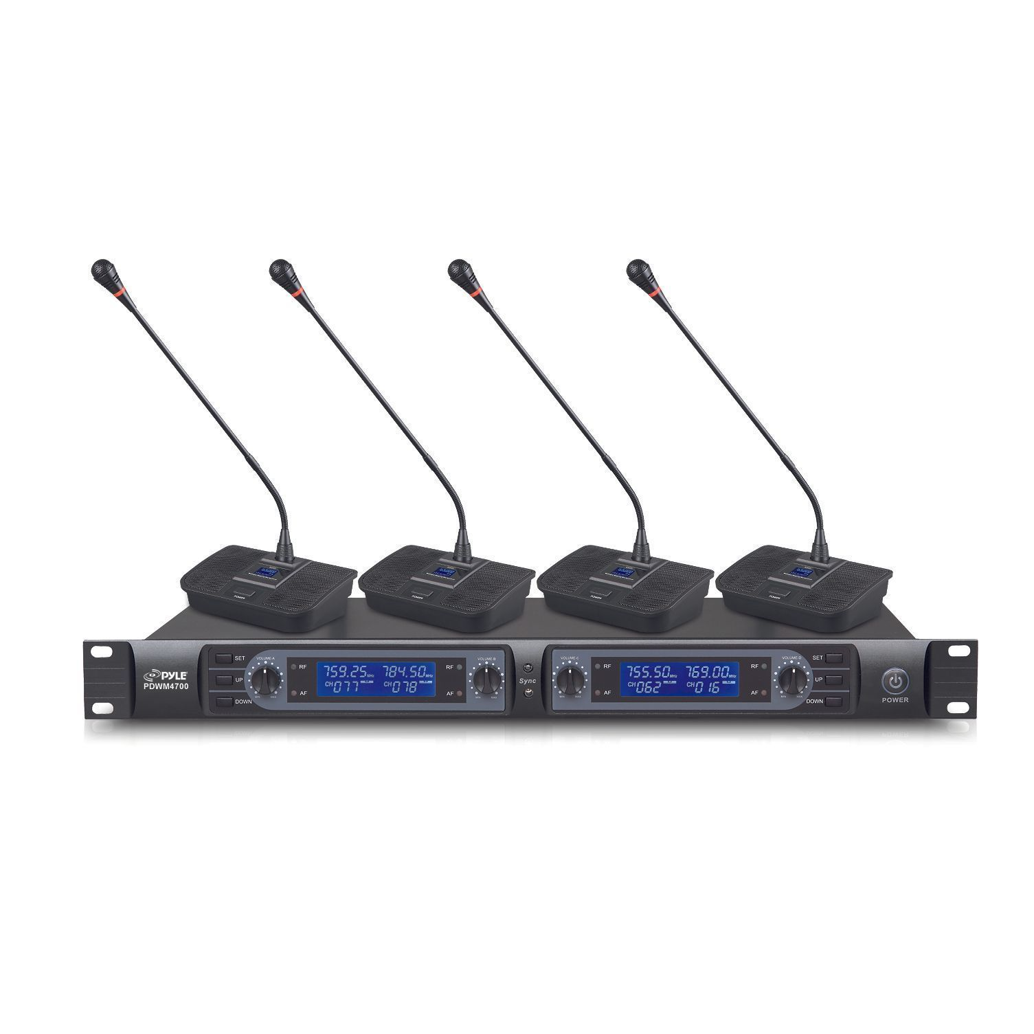 Pyle 4 Ch UHF Wireless Conference Microphone System Desktop/Table & Rack Mountable Base 200 Selectable Frequency Channels Independent Volume Controls LCD Display AF & RF Signal Indicators (PDWM4700)
