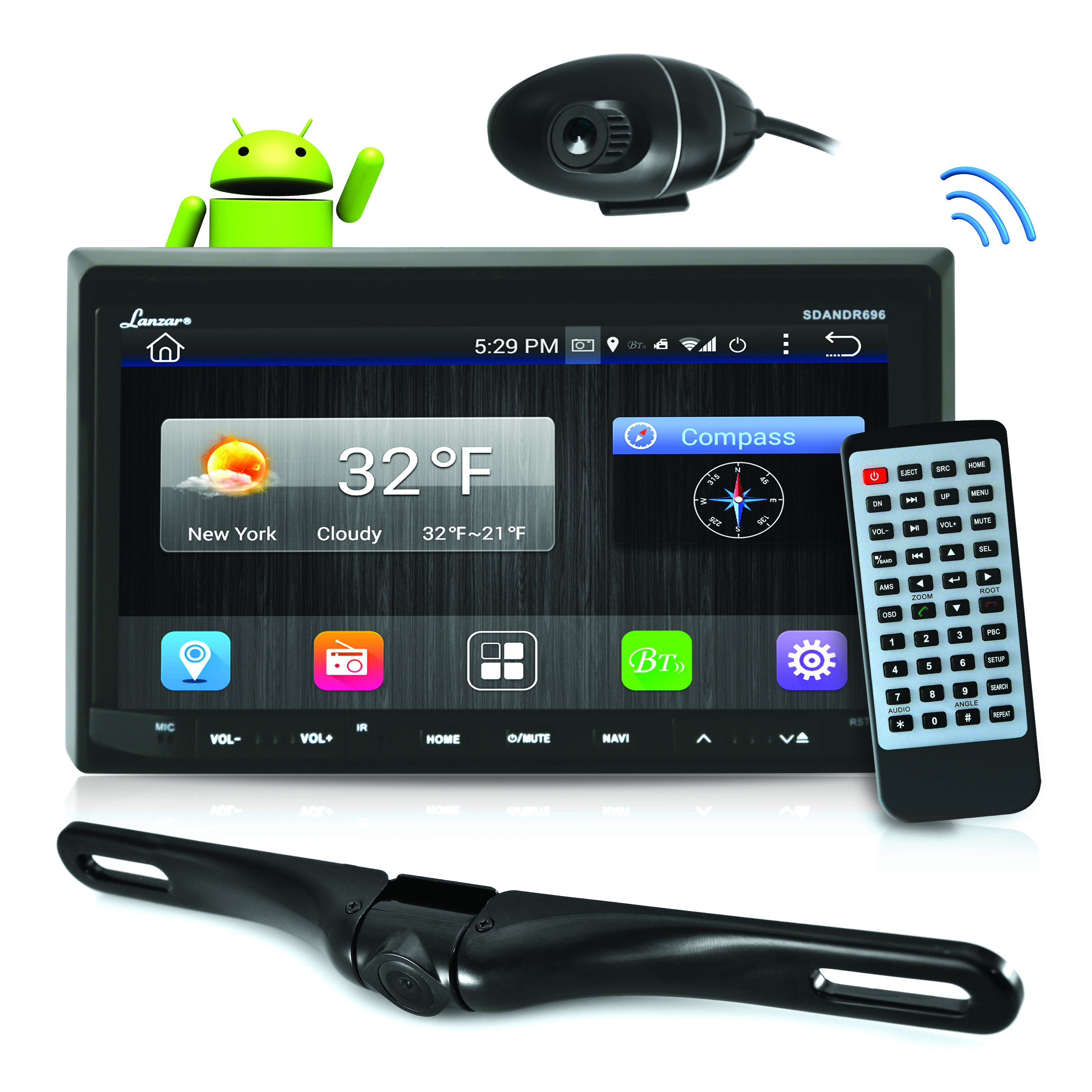 Lanzar Android Stereo Receiver, 7'' Touchscreen, Bluetooth/WIFi, HD DVR Dash Cam, Rearview Camera, GPS, (SDANDR696)