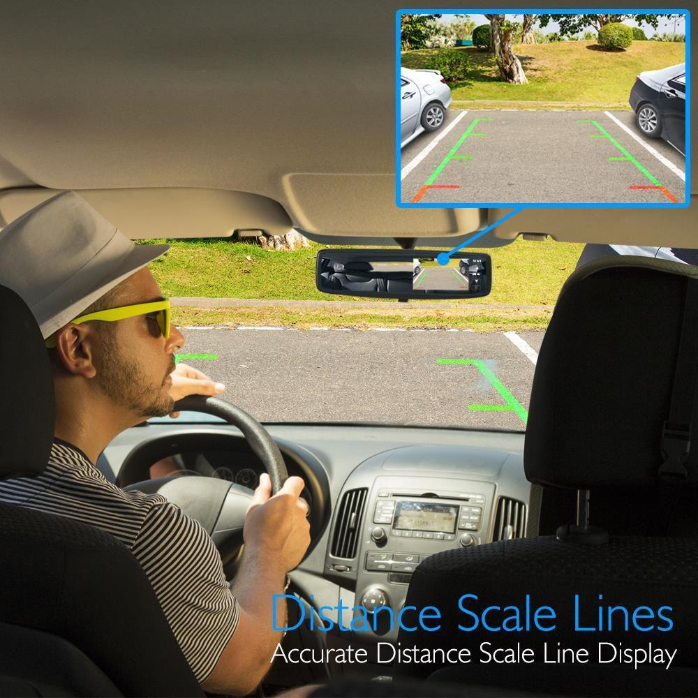 Wireless Rear View Mirror Back-Up Camera and Monitor Parking Assist System, 4.3'' Display, Distance Scale Lines, Night Vision, Waterproof Cam