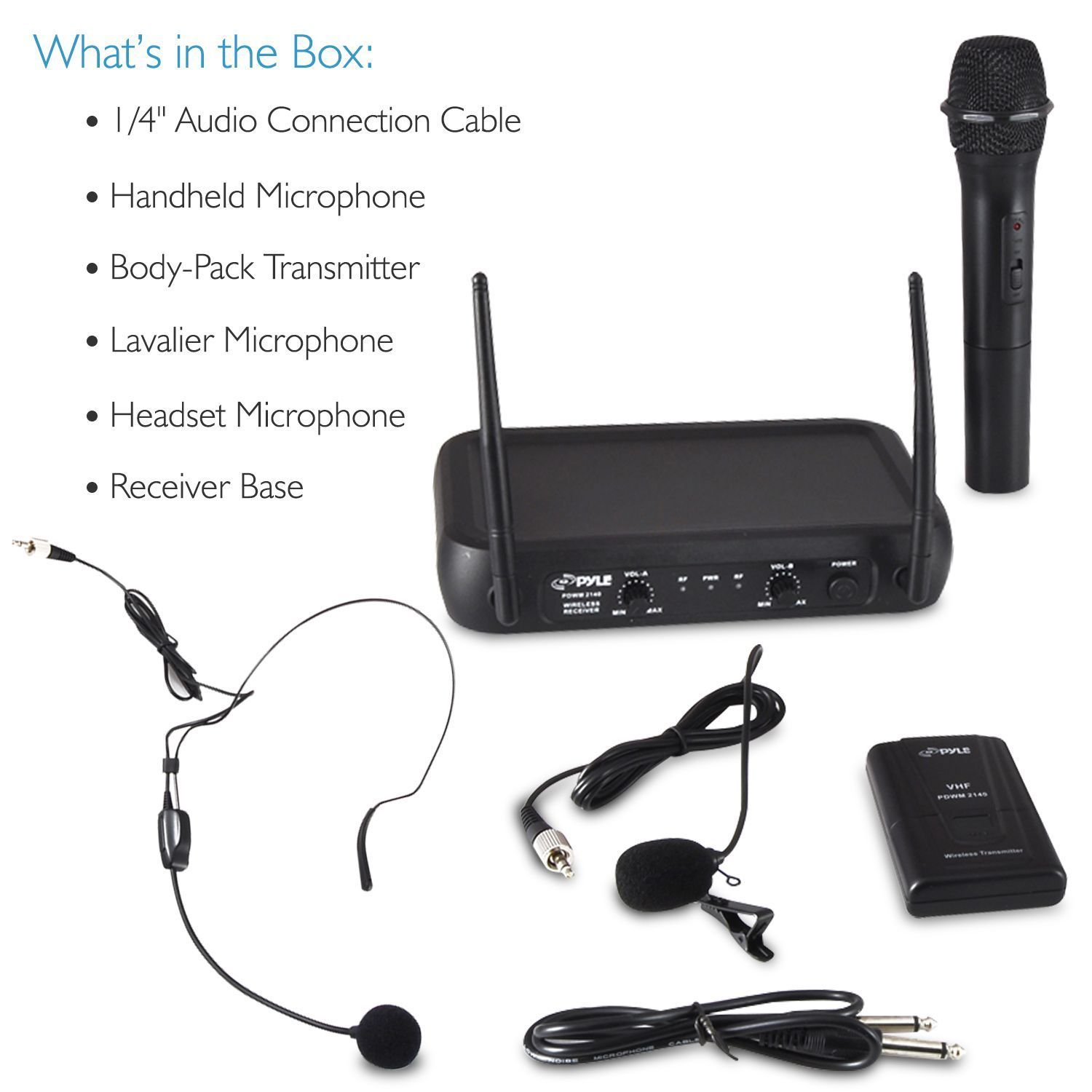 VHF Wireless Microphone System, Fixed Frequency, Independent Adjustable Volume Controls (Includes Handheld Mic, Body Pack Transmitter, Lavalier Mic, Headset Mic)