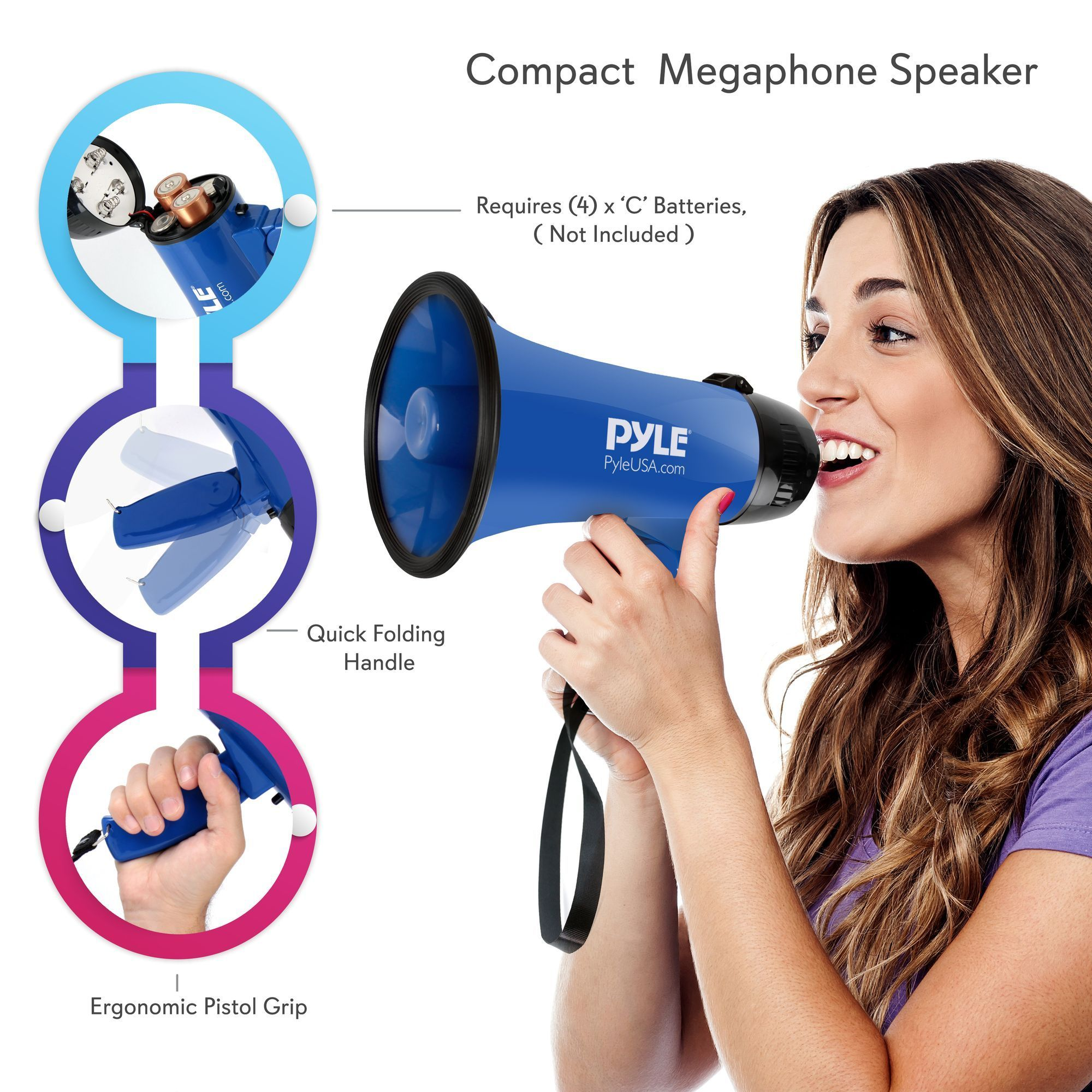 Pyle PMP21BL Portable Megaphone Speaker Siren Bullhorn - Compact and Battery Operated with 20 Watt Power, Microphone, 2 Modes, PA Sound and Foldable Handle for Cheerleading and Police Use, Blue