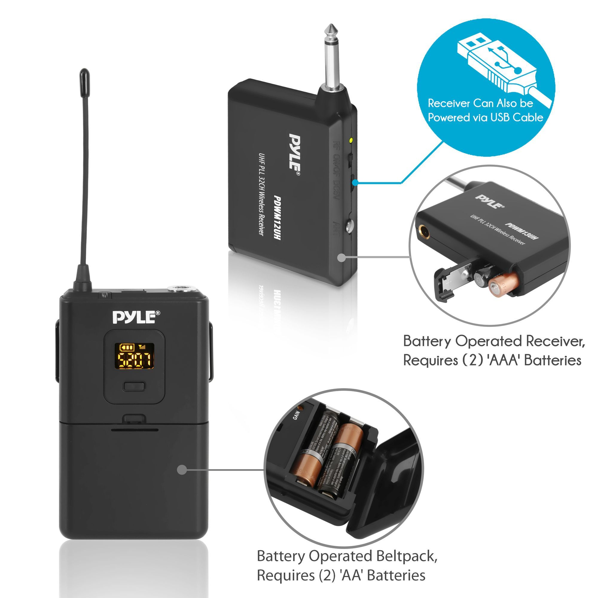 Pyle 32-Ch. UHF Wireless Microphone System Set, Headset & Lavalier Mics, Beltpack Transmitter, (PDWM12UH)