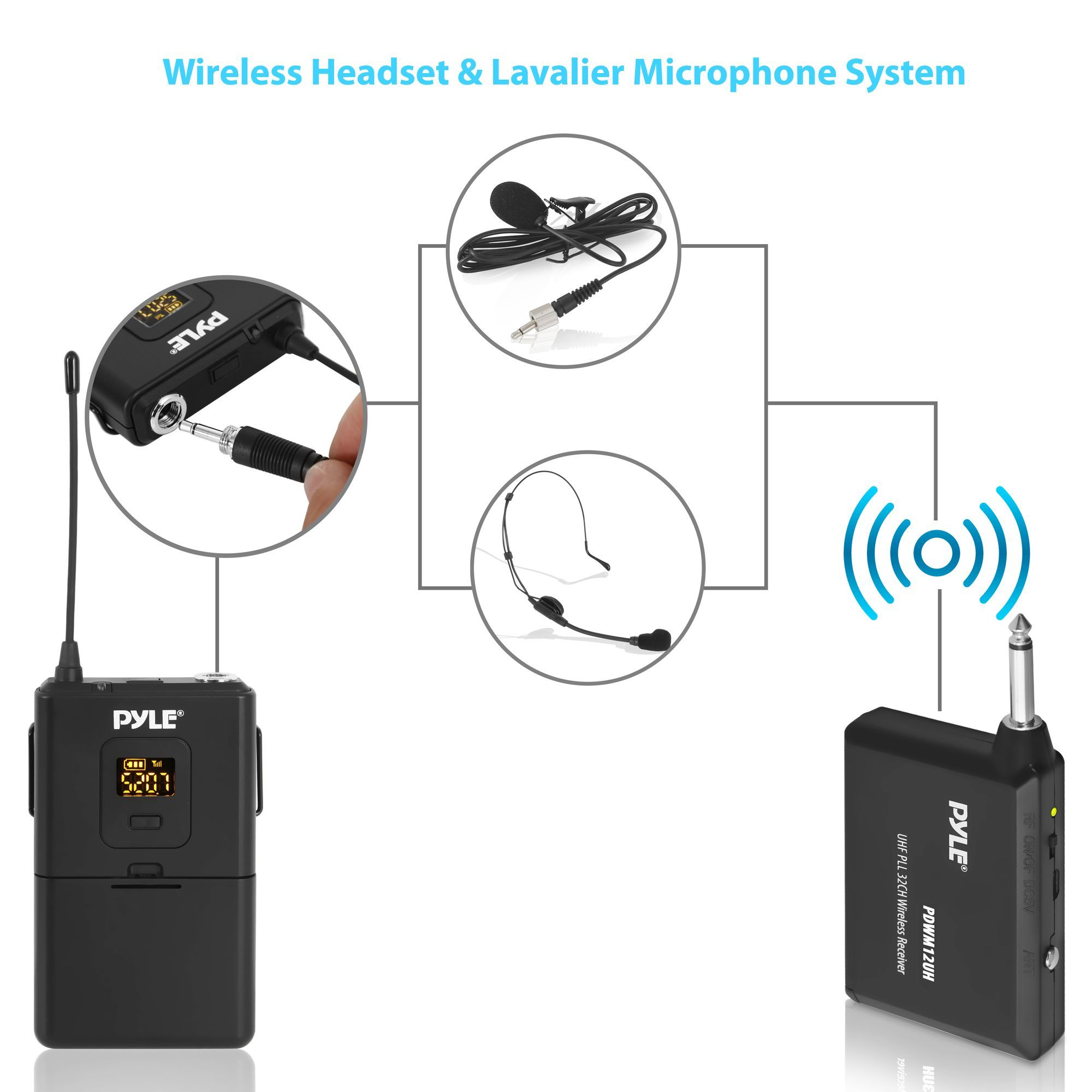 Pyle 32-Ch. UHF Wireless Microphone System Set, Headset & Lavalier Mics, Beltpack Transmitter, (PDWM12UH)