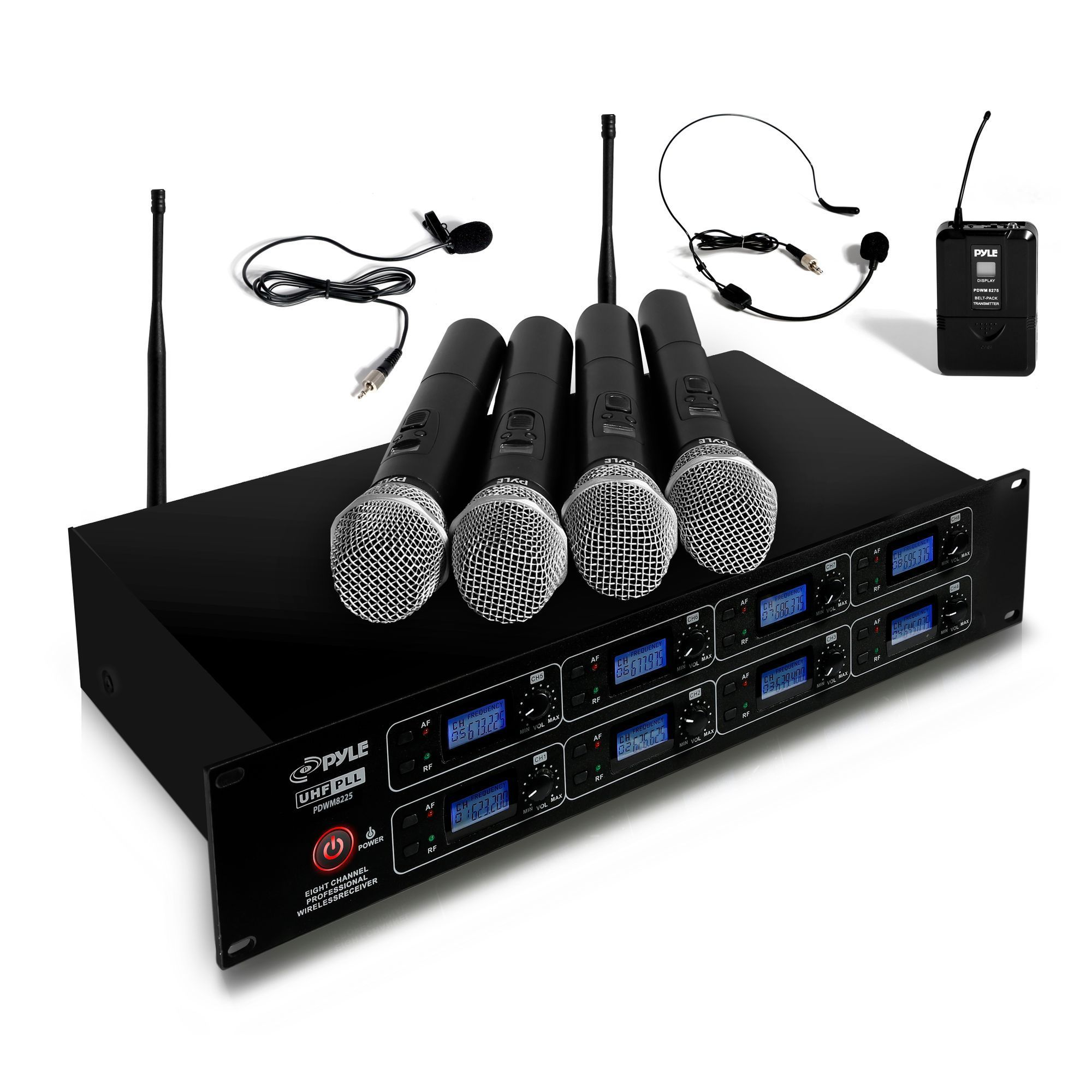 Pyle Professional 8-Ch UHF Wireless Microphone Receiver System, 4 Handheld Mics, Belt Pack Transmitters, Headsets & Lavalier Lapel Mics (PDWM8225)
