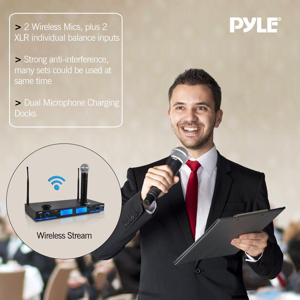 Pyle 16-Ch Wireless Microphone Receiver System, 2 Handheld UHF Digital Dynamic Mics, Dual Detachable Antenna (PDWM2560)