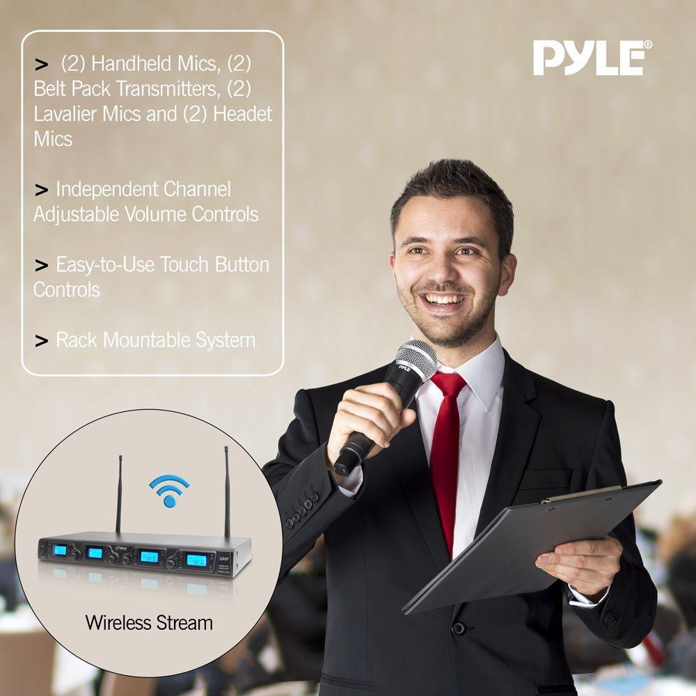 Pyle Upgraded Wireless Microphone System - 4-Channel UHF, Adjustable Frequency, Includes (2) Handheld Mics, (2) Beltpack Transmitters, (2) Lavalier Mics & (2) Headset Mics - PDWM4350U