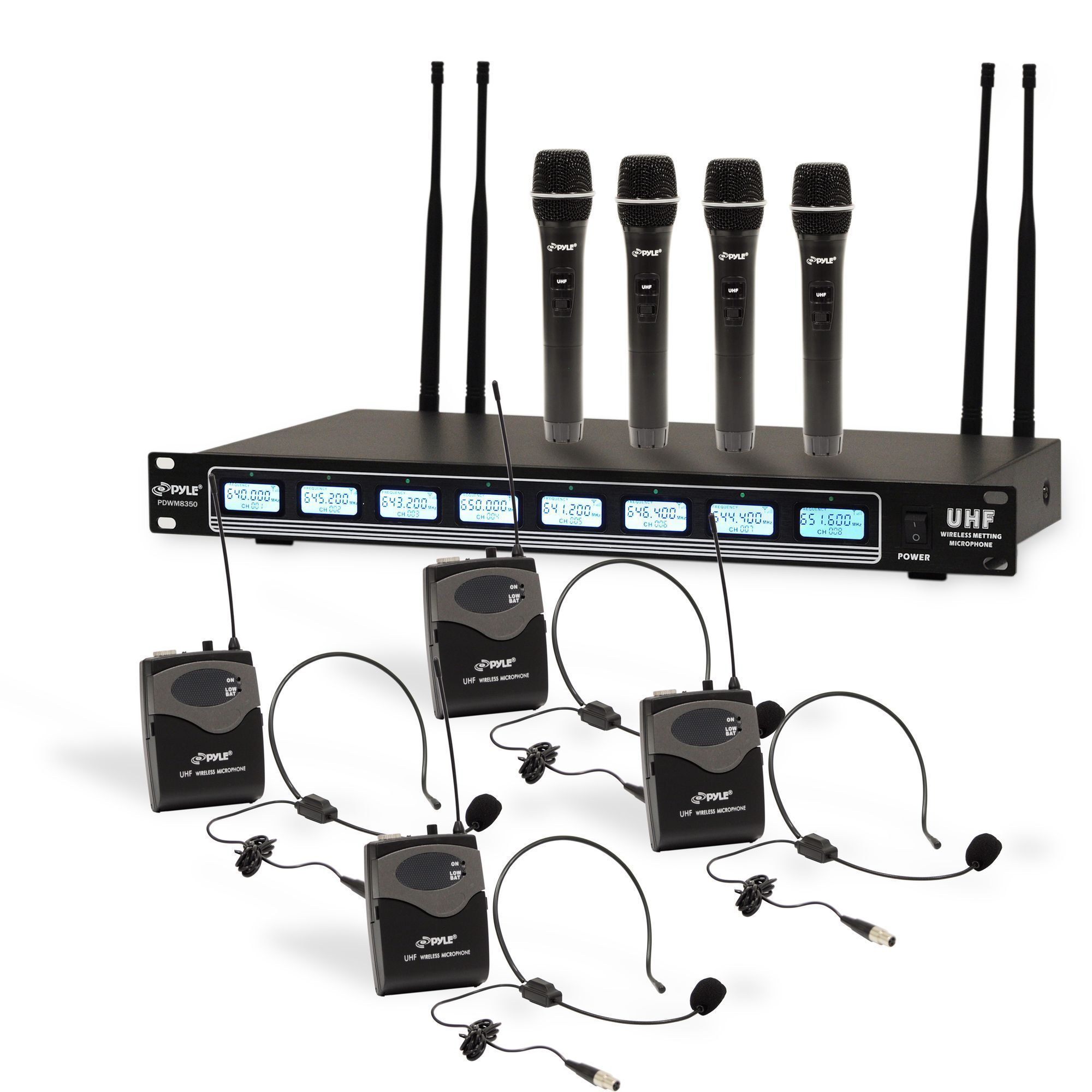 Pyle 8 Ch UHF Wireless Microphone System, Mountable Base, 4 handheld MICS, 4 Headsets, 4 Belt Packs, 4 Lavelier MICS,(PDWM8350)