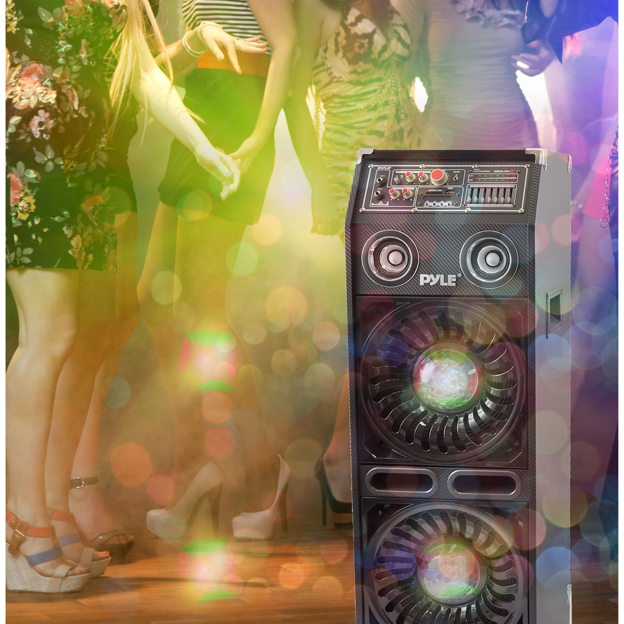 Disco Jam 2 Bluetooth Active Powered PA Speaker System, Flashing DJ Lights, Dual 10-Inch Woofers, Dual 3-Inch Tweeters, USB/SD Memory Card Readers, Aux (3.5mm) Input, 1200 Watt (Works with Passive Speaker Model: PSUFM1065P)