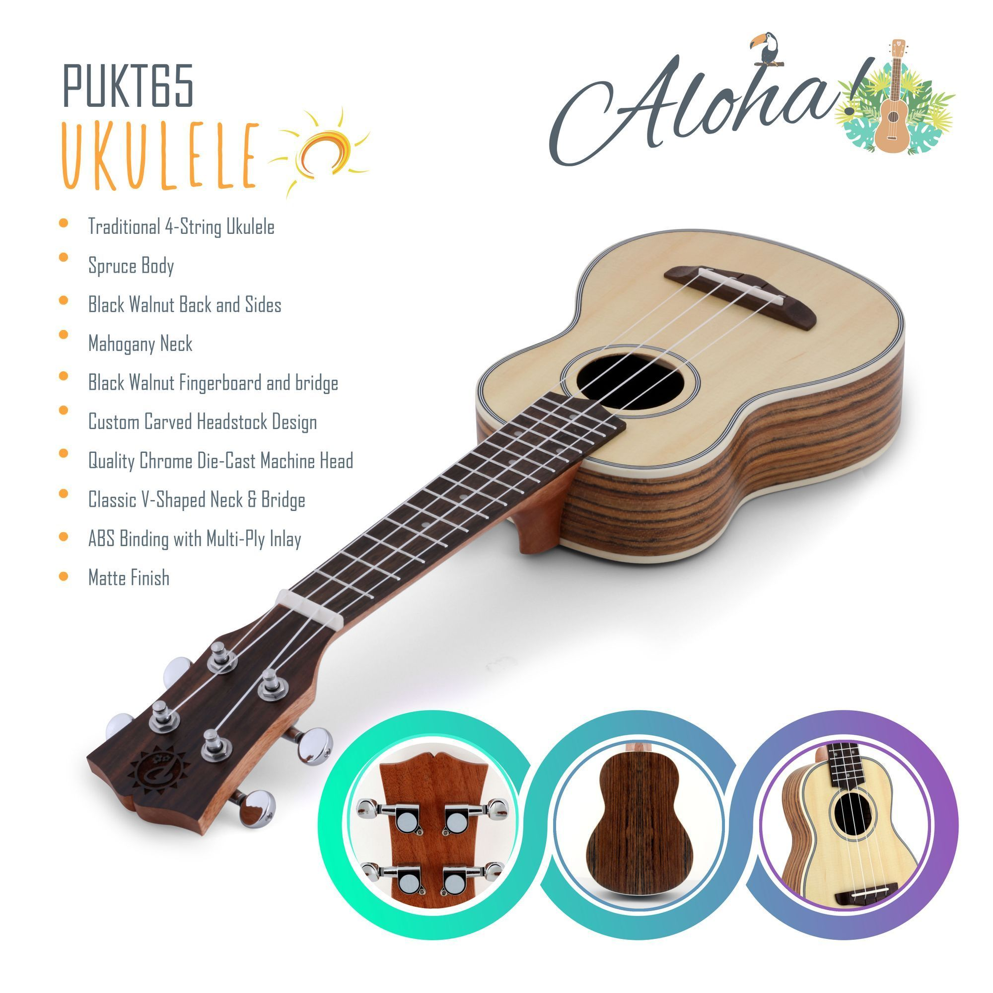 Pyle Soprano Ukulele - Traditional 4-String Ukulele (PUKT65)