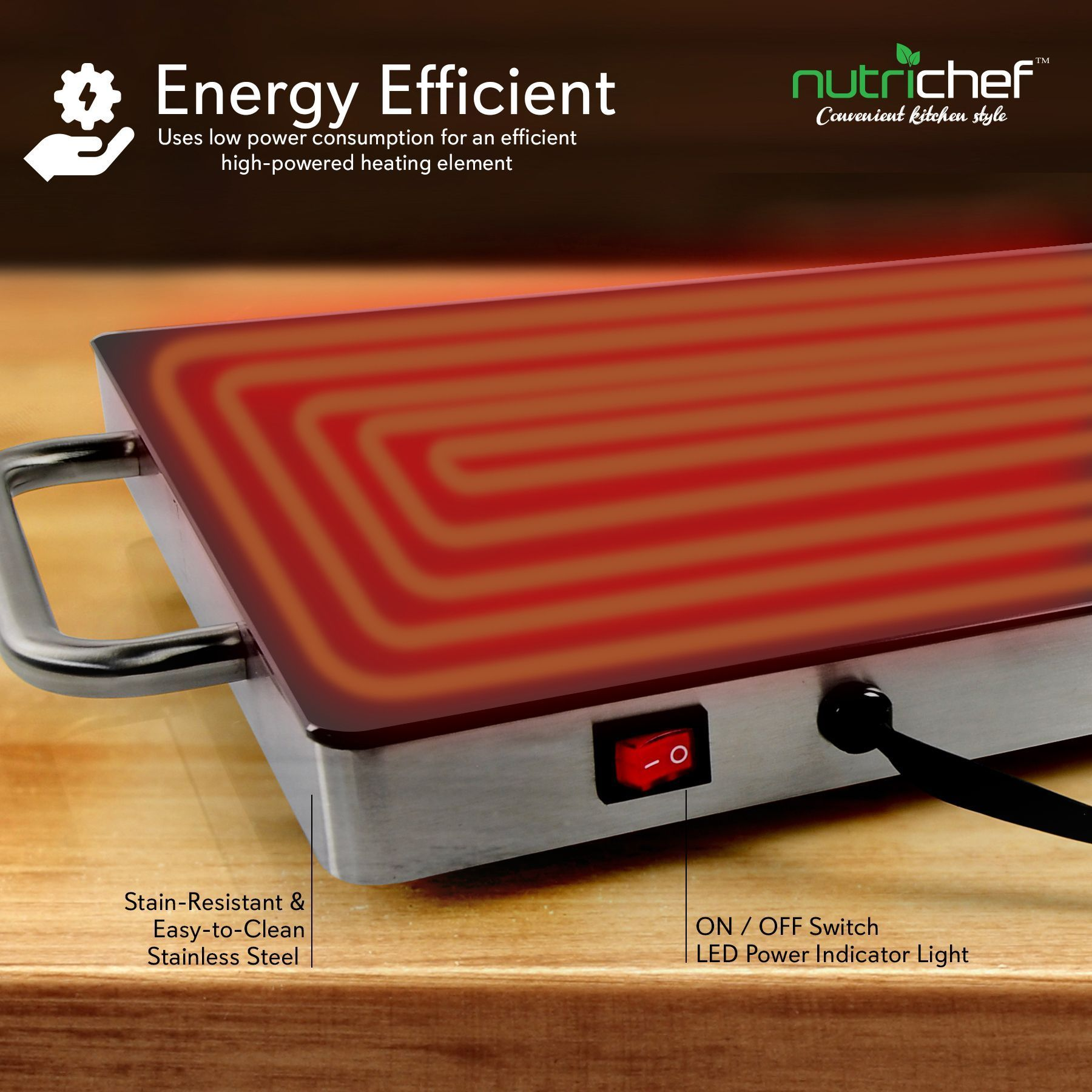 NutriChef Electric Warming Tray / Food Warmer W/ Non-Stick Heat-Resistant Glass Plate (14.5'' x 8.6'' Heating Surface) (PKWTR15)