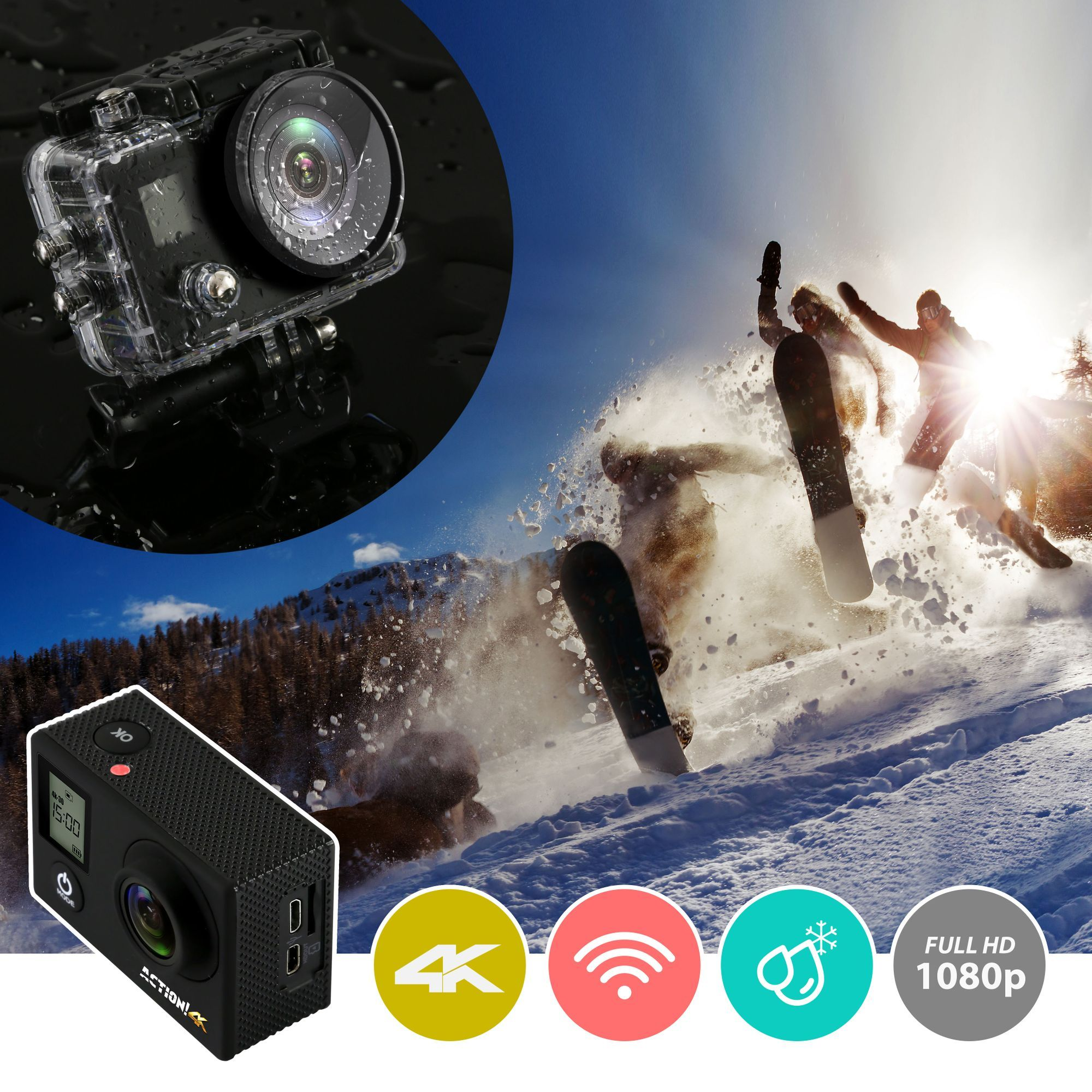 SereneLife 4K Ultra HD WiFi Pro Sport Action Camera - 1080p UHD Sports Mini Digital Video Camcorder Kit w/ 2" Monitor Screen - Waterproof Case, Strap, Helmet Mount Accessories Included - SL4KDSBK