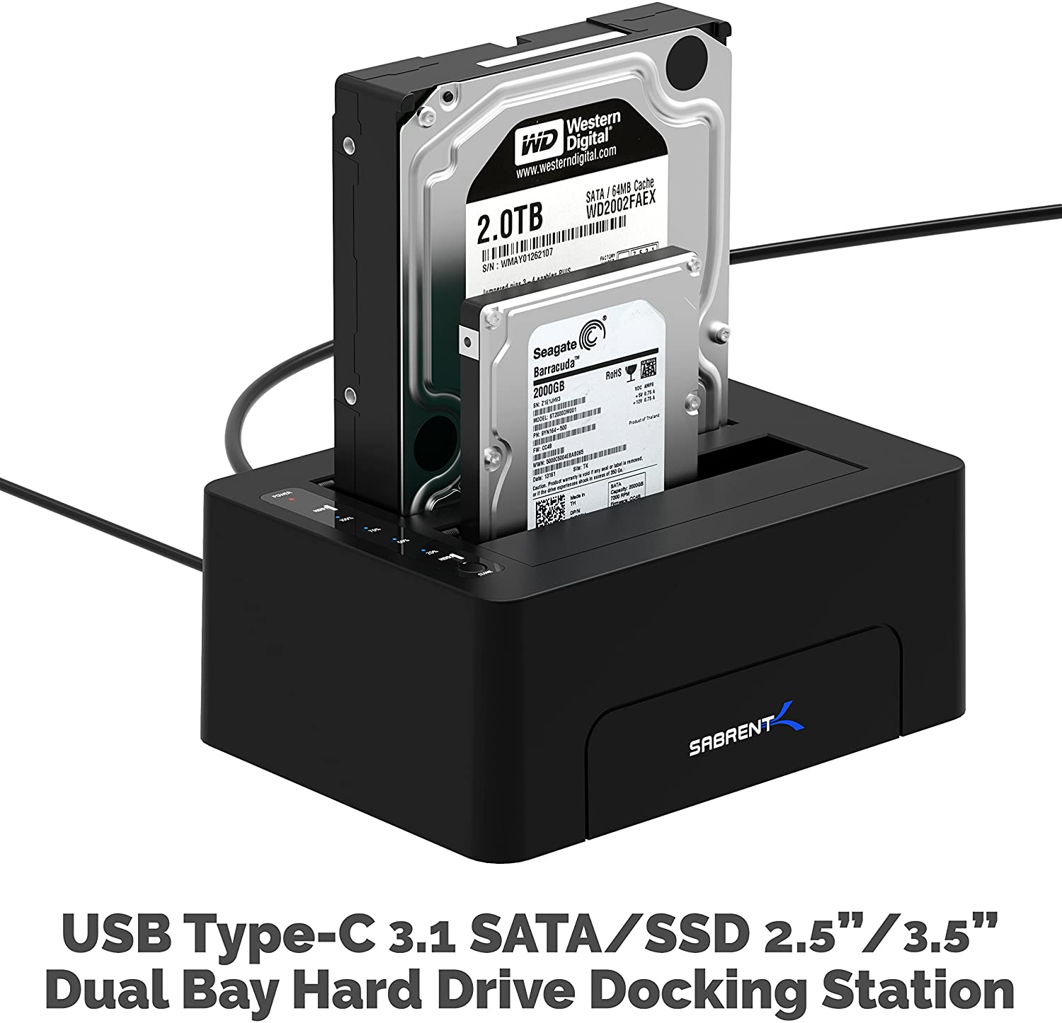 SABRENT USB 3.1 to SATA Dual Bay Hard Drive Docking Station for 2.5 or 3.5in HDD, SSD. Hard Drive Duplicator/Cloner Function [Includes Both Type C and Type A Cables, Supports 20TB+ Drives] (DS-UTC2)
