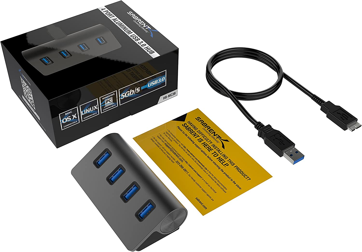 SABRENT 4-Port USB 3.0 Hub Aluminum Portable Data Hub with 2.5ft USB 3.0 Cable for iMac, MacBook, MacBook Pro, MacBook Air, Mac Mini, or Any PC [Black] (HB-MC3B)