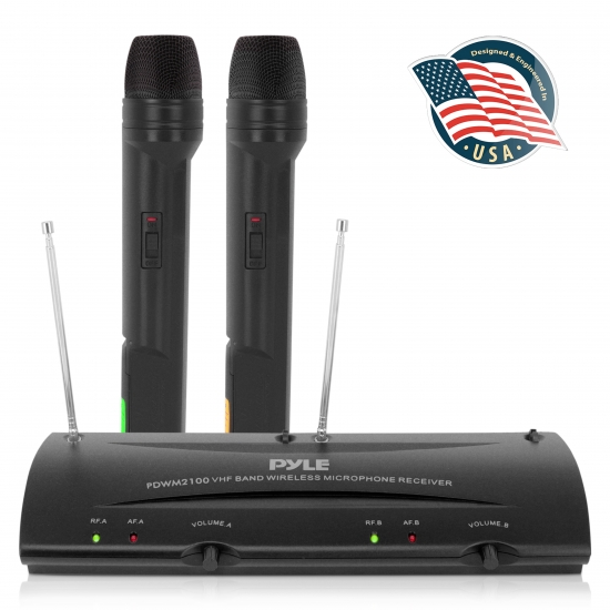 Pyle 2-Ch. VHF Wireless Microphone Receiver System, (2) Handheld Wireless Microphones, (PDWM2100)