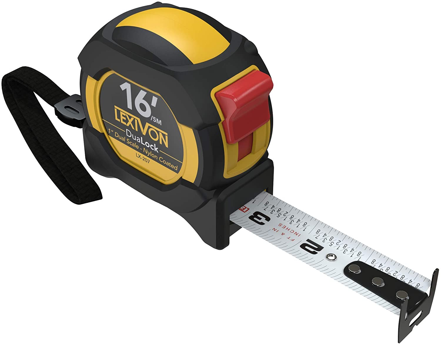 LEXIVON 16Ft/5m DuaLock Tape Measure | 1-Inch Wide Blade with Nylon Coating, Matt Finish White & Yellow Dual Sided Rule Print | Ft/Inch/Fractions/Metric (LX-207)