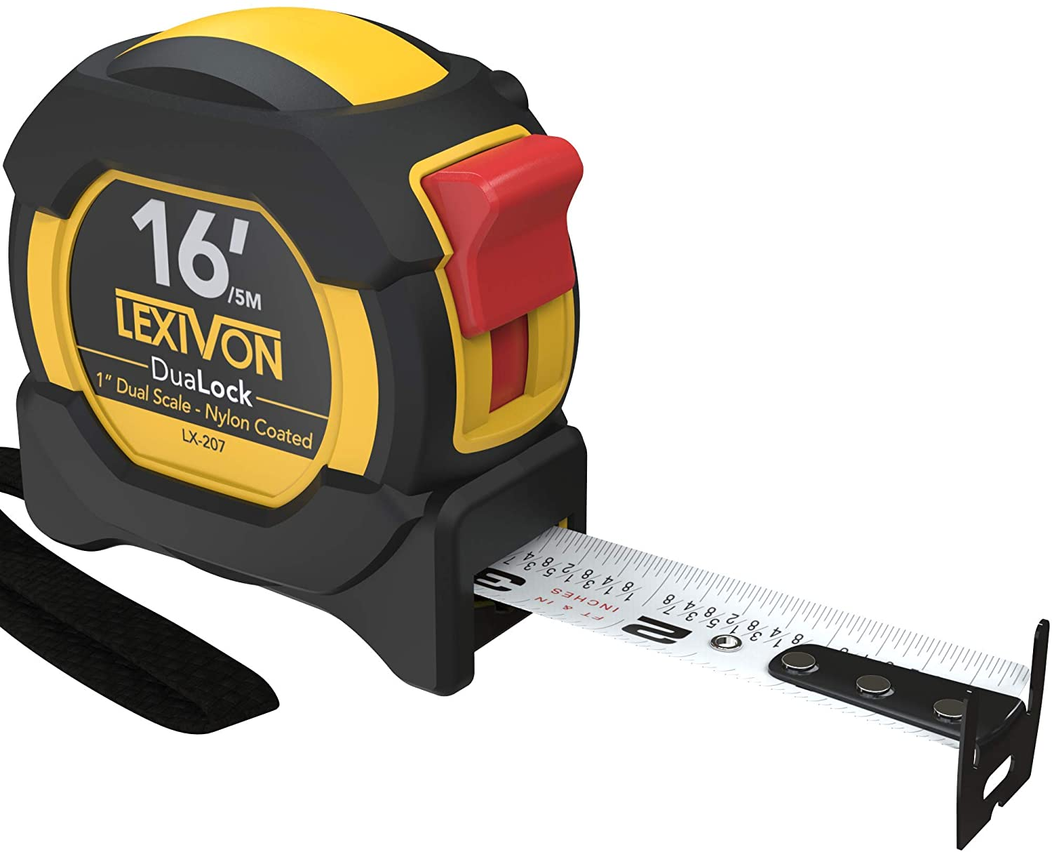 LEXIVON 16Ft/5m DuaLock Tape Measure | 1-Inch Wide Blade with Nylon Coating, Matt Finish White & Yellow Dual Sided Rule Print | Ft/Inch/Fractions/Metric (LX-207)