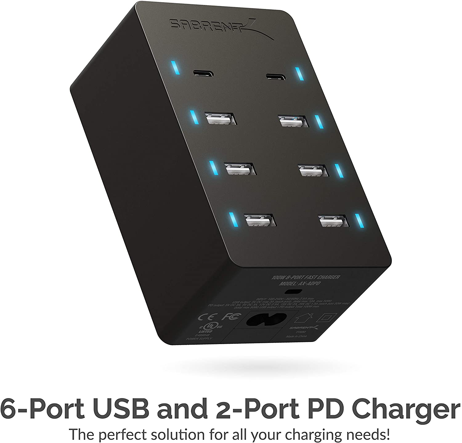Sabrent 100 Watt 8-Port Family-Sized USB Rapid Charger [UL Certified ] - Includes 2 PD (Power Delivery) Ports (AX-ADPD)