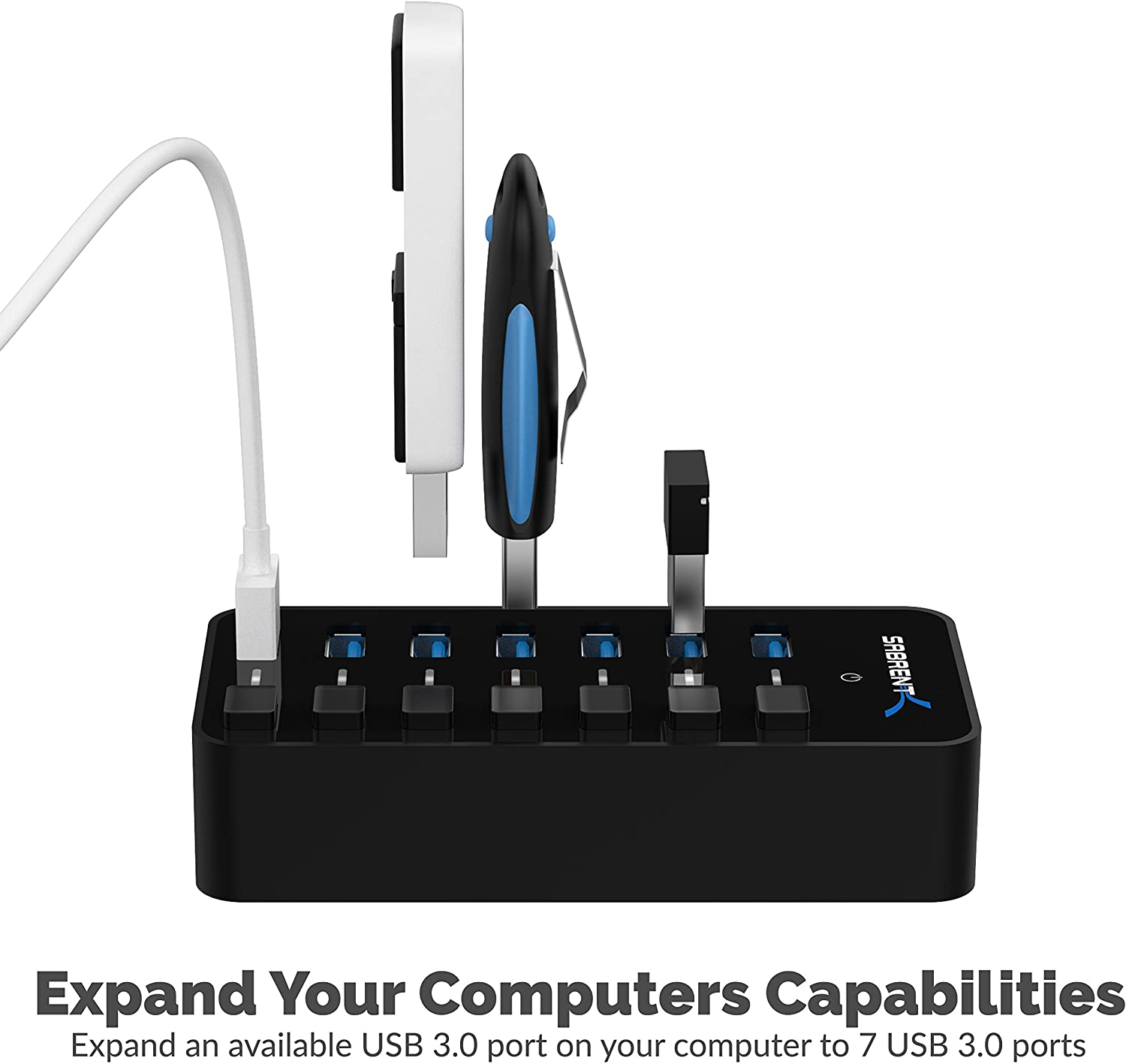SABRENT 36W 7 Port USB 3.0 Hub with Individual Power Switches and LEDs Includes 36W 12V/3A Power Adapter (HB-BUP7)