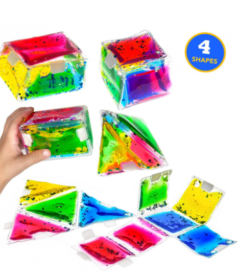 Playlearn Folding 3D Shapes - Gel Filled Squishy Sensory Fidget Toy - Ideal for Teaching/Learning Shapes - 4 Pack
