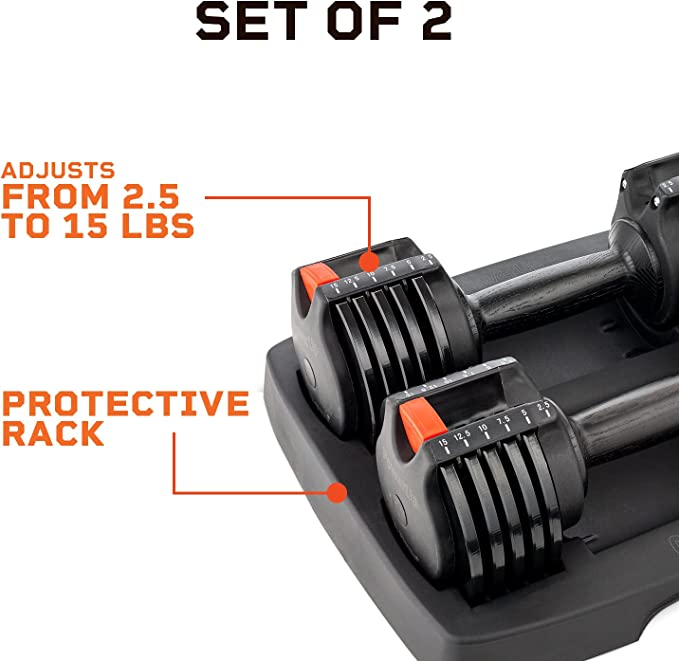 Lifepro 15lb Adjustable Free Weights Dumbbell Sets with Rack For Strength Training, Set Of 2 For Muscle Building - Hand Weights For Home Gym