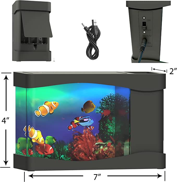Playlearn Mini Aquarium Artificial Fish Tank with Moving Fish – USB/Battery Powered – Fake Aquarium Toy Fish Tank with 3 Fake Fish