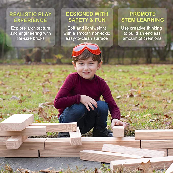 Foam Wooden Beam Building Blocks - 48 Pieces - Block Set for Kids - Safe Non Toxic Eva Foam
