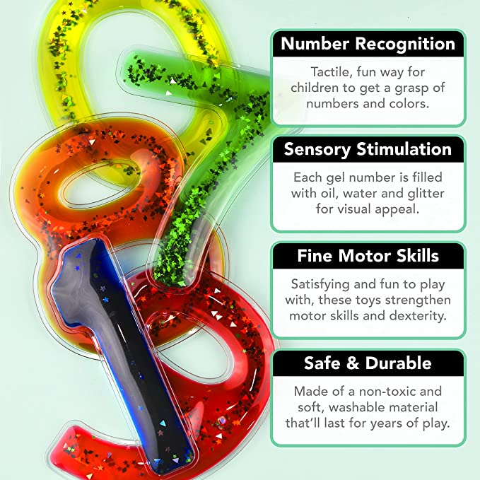 Playlearn Sensory Gel Filled Numbers – Moveable NumberToy - Textured Tactile Squishy Toy Number Set - Ideal for Sensory Learning