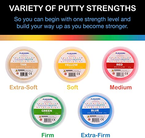Playlearn Therapy Putty - 5 Strengths - Stress Putty for Kids and Adults - Extra Soft to Firm