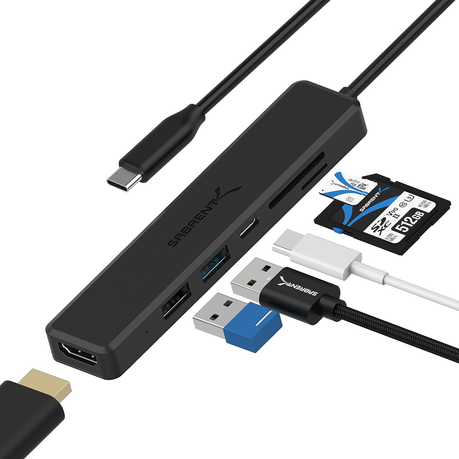 SABRENT Multi Port USB Type C Hub with 4K HDMI | Power Delivery (60 Watts) | 1 USB 3.0 Port | 1 USB 2.0 Port | SD/microSD Card Reader (HB-TC6C)