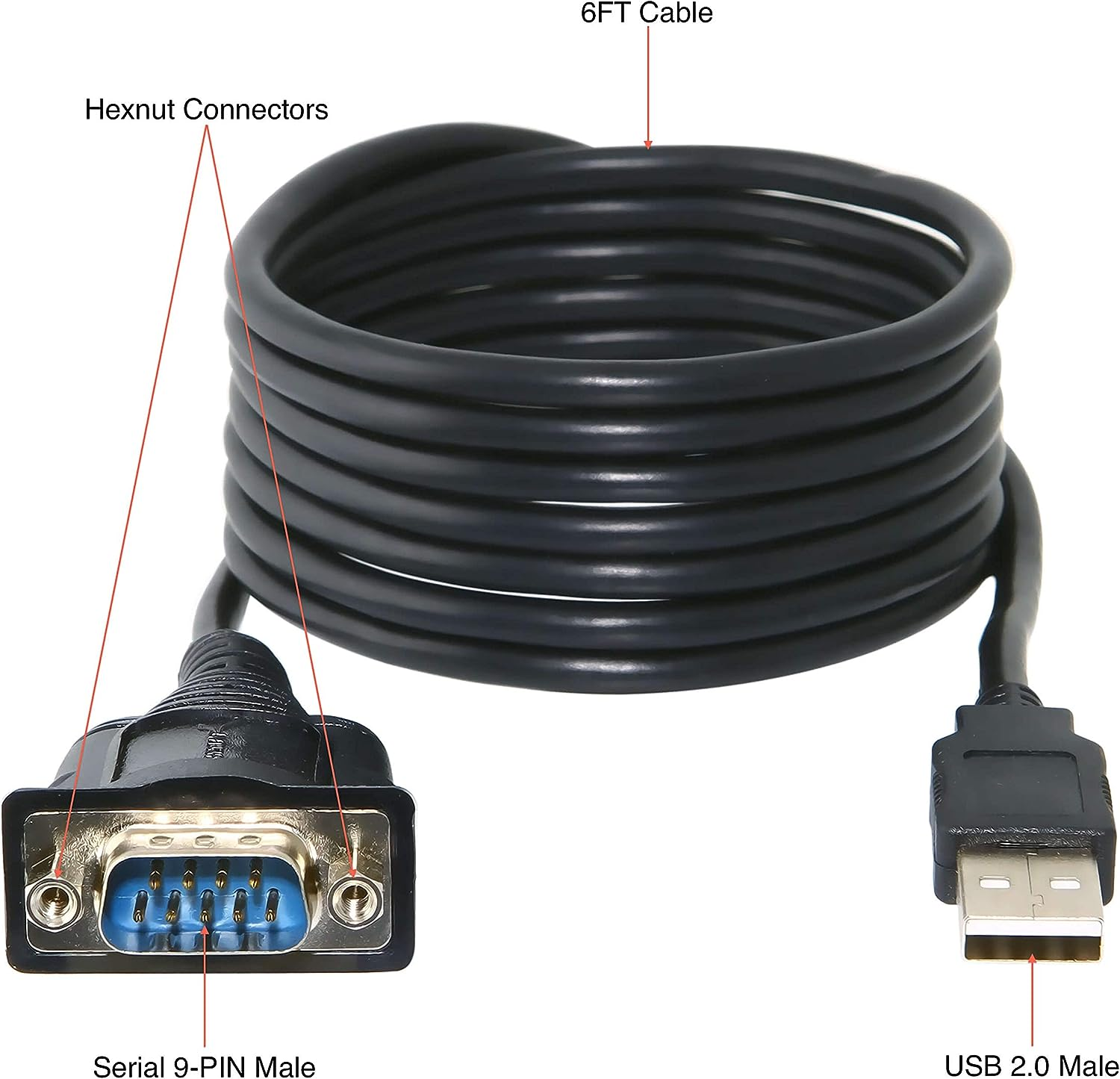 Sabrent USB 2.0 to Serial (9-Pin) DB-9 RS-232 Converter Cable, FTDI Chipset, Hexnuts 6 Feet (SBT-FTDI)