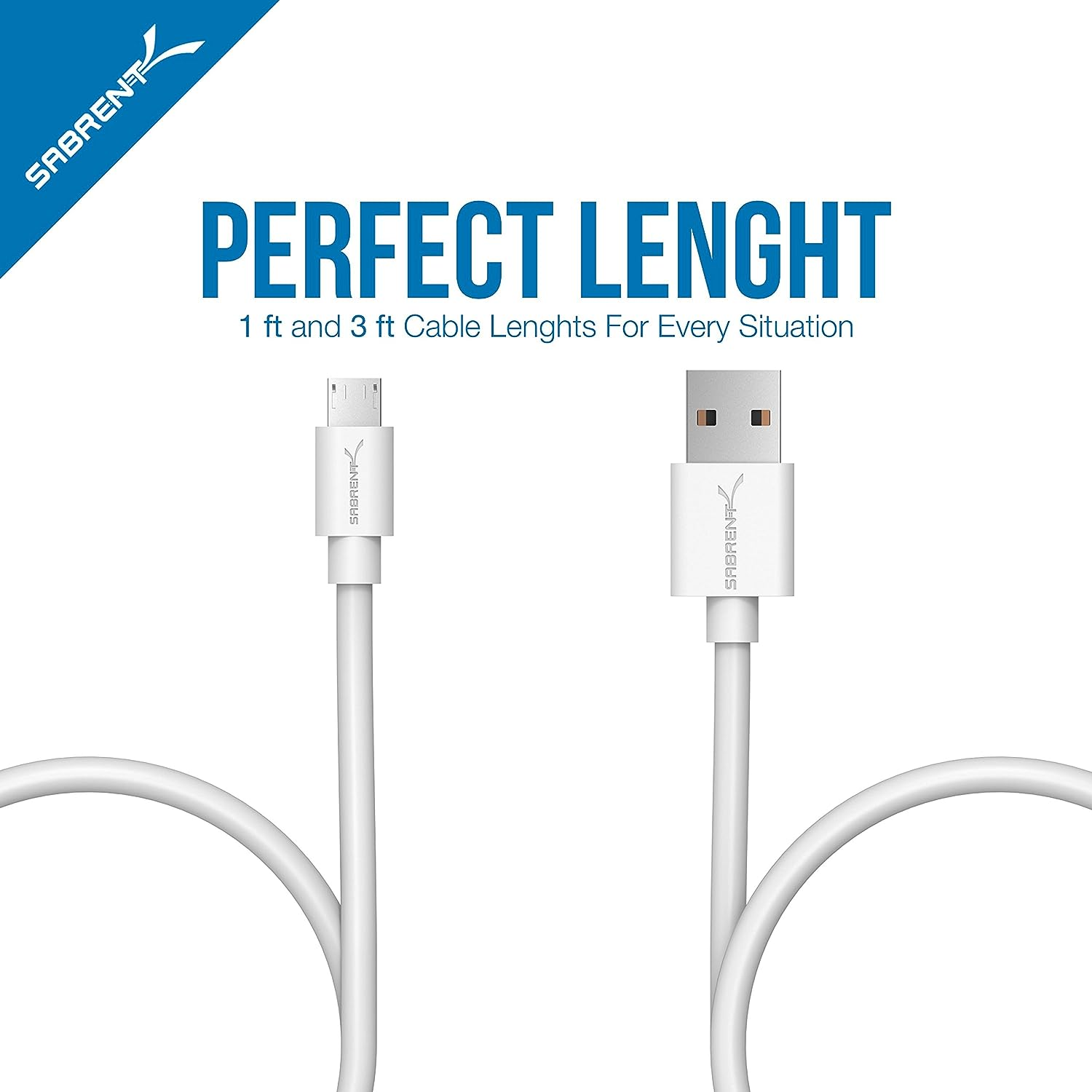 SABRENT [6-Pack 22AWG Premium Micro USB Cables (X3-3ft + X3-1ft) High Speed USB 2.0 A Male to Micro B Sync and Charge Cables [White] (CB-631W)