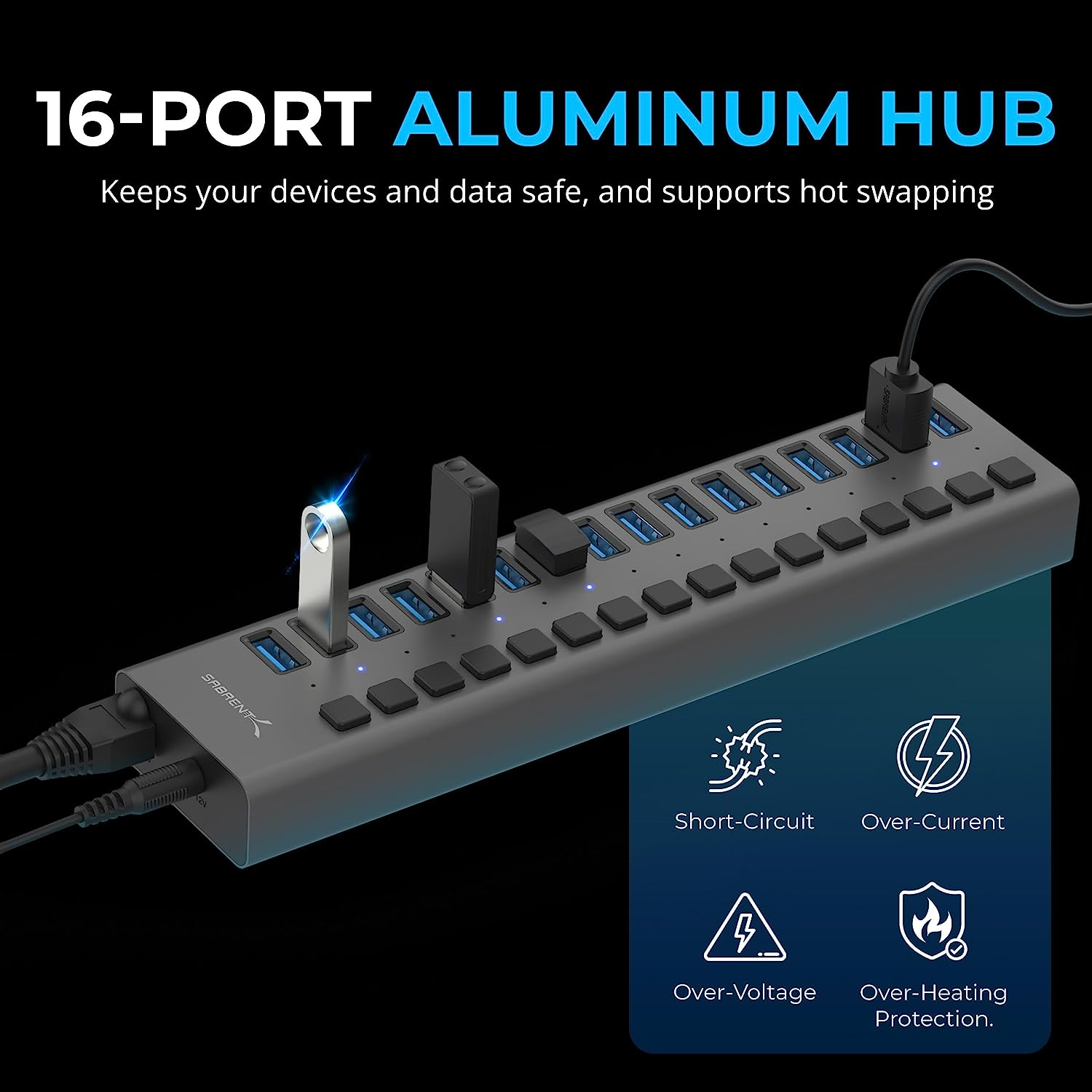 SABRENT 16 Port USB 3.0 Data HUB and Charger with Individual switches [90 Watts] (HB PU16)
