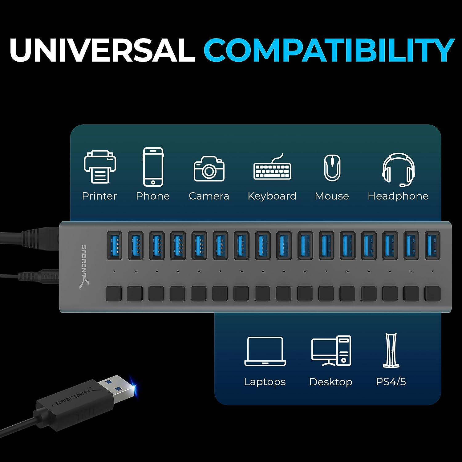 SABRENT 16 Port USB 3.0 Data HUB and Charger with Individual switches [90 Watts] (HB PU16)
