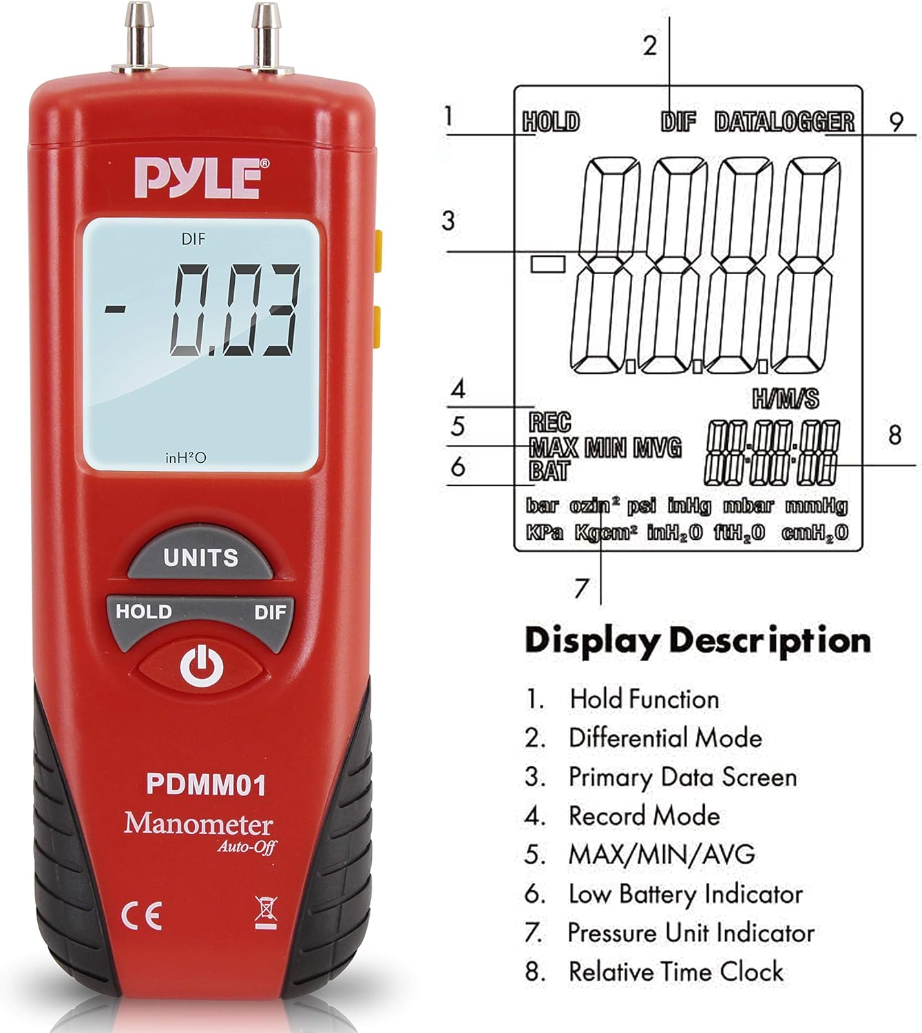 Pyle Meters Manometer 11 Unit of Pressure-Meters Digital Measurement Maximum 10 PSI Data Hold & Error Code Measure Gauge Differential Gas Tester-Large LCD Backlit Dual Display w/Auto Power Off PDMM01