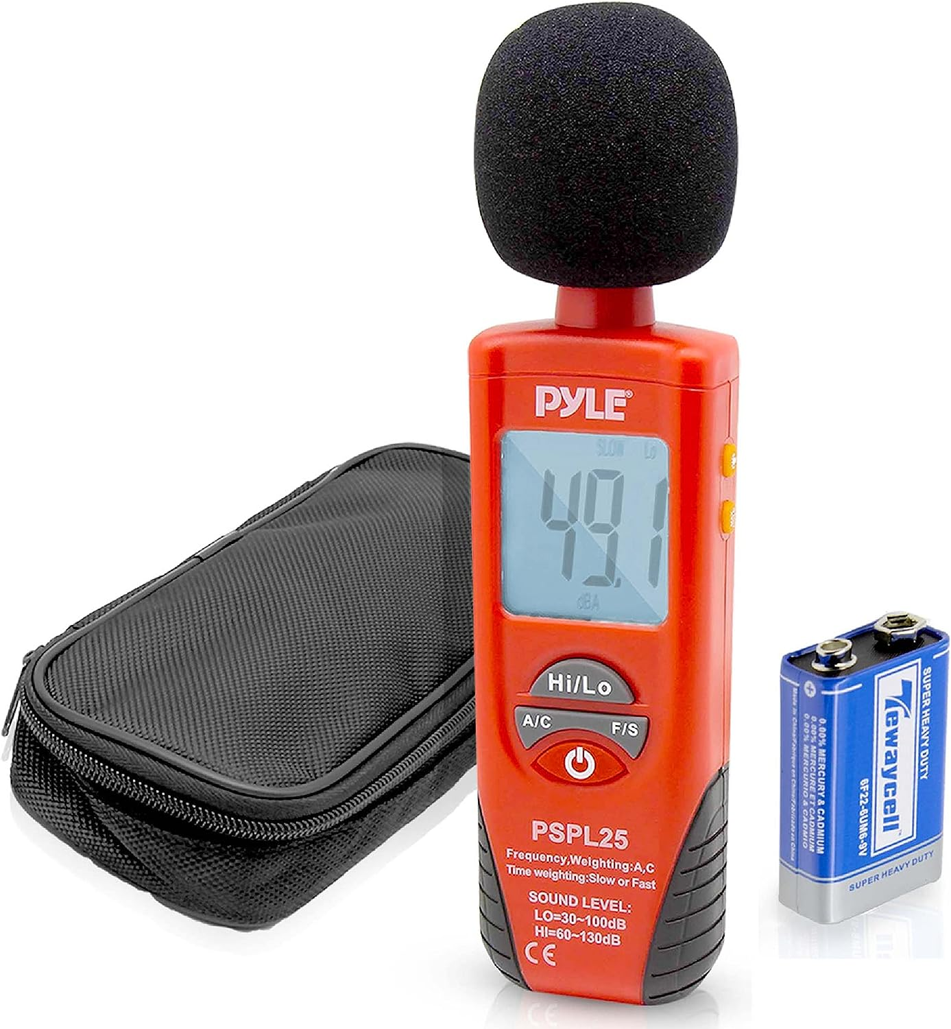 Pyle Digital Handheld Sound Level Meter - Meter Automatic with A and C Frequency Weighting for Musicians and Sound Audio Professionals, 9V Battery Type - Pyle SPL25, Red/Black (PSPL25)