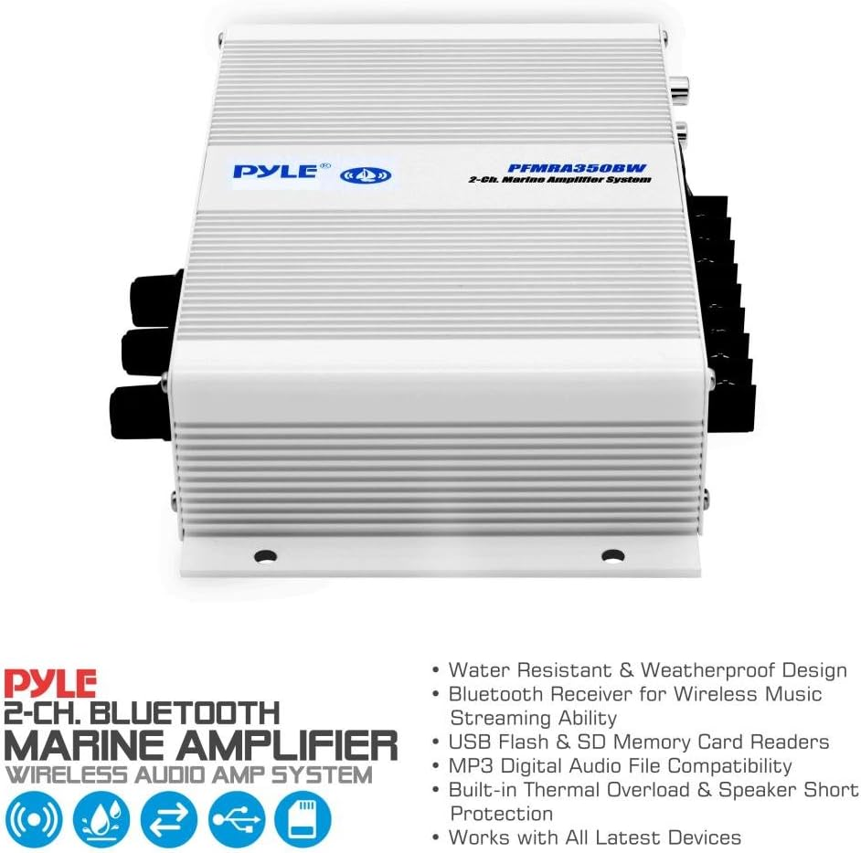 Pyle Home Marine Car Amplifier - 2-Channel Bridgeable Compact 200 Watt RMS 4 OHM Full Range Monoblock Stereo & Waterproof - Wireless Bluetooth Receiver Audio Speaker w/ LCD Digital Screen (PFMRA350BW)