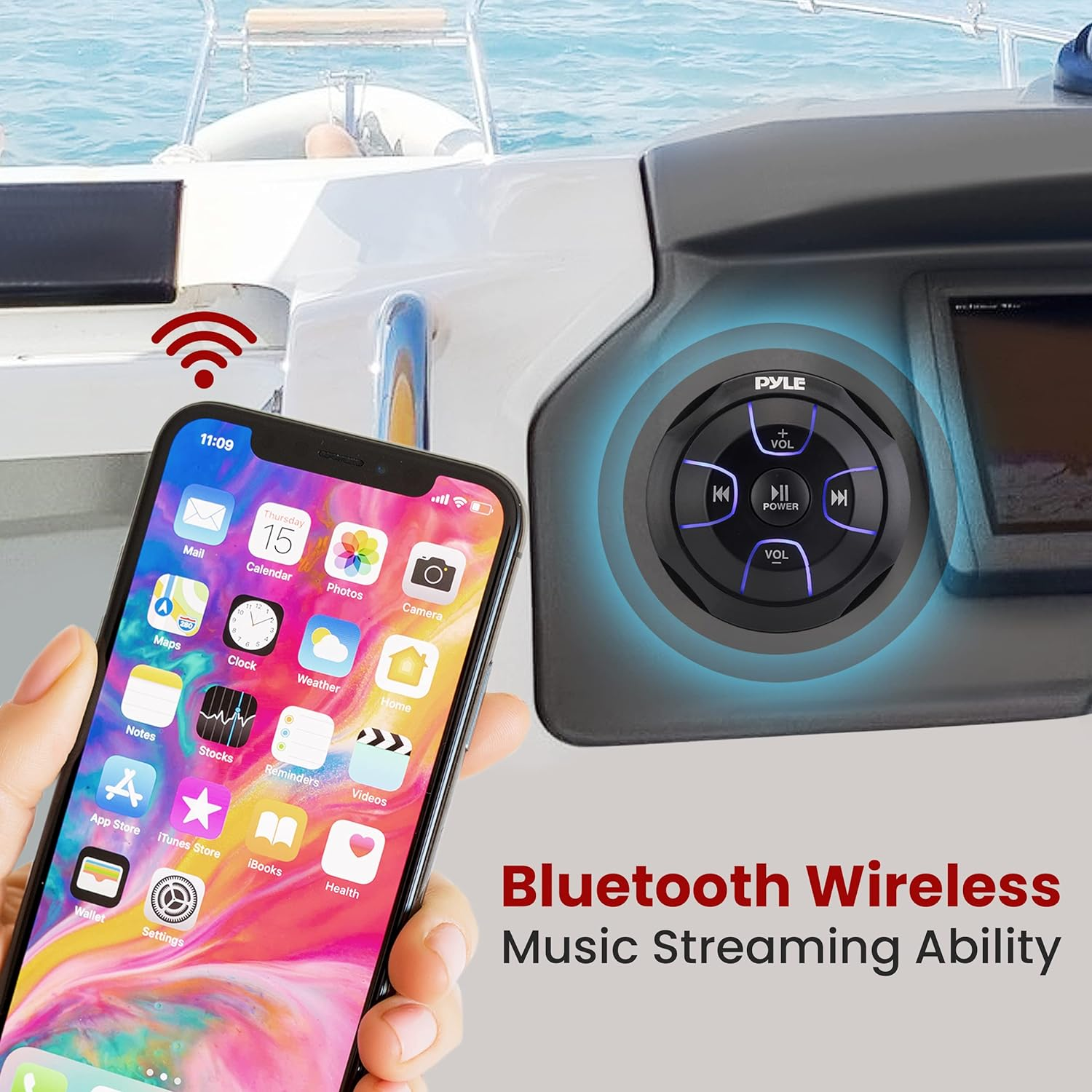 Waterproof Bluetooth Marine Amplifier Receiver - Weatherproof 2 Channel Wireless Amp for Stereo Speaker with 600 Watt Power, Wired RCA, AUX and MP3 Audio Input Cable - Pyle PLMRMBT5S (Silver)