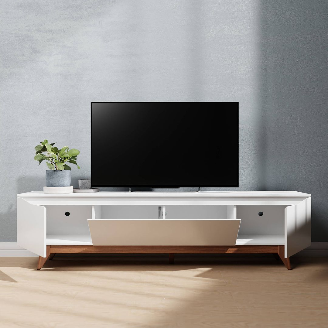 Salle 72.63" TV Stand with Solid Wood Legs in White Gloss