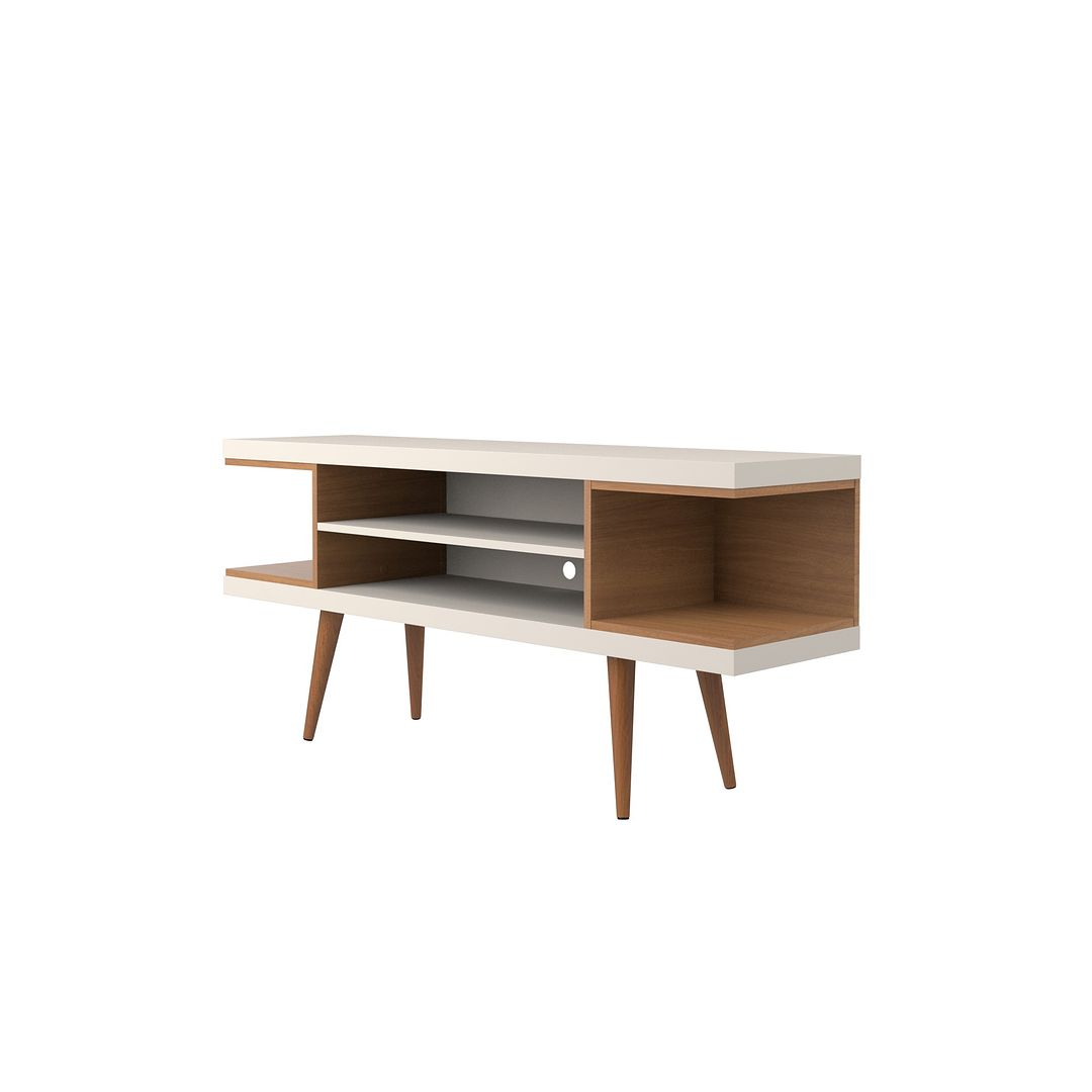 Utopia 53.14" TV Stand with Splayed Wooden Legs and 4 Shelves in White Gloss and Maple Cream