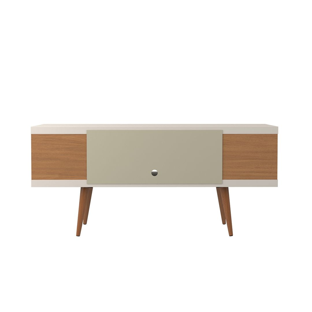 Utopia 53.14" TV Stand with Splayed Wooden Legs and 4 Shelves in White Gloss and Maple Cream