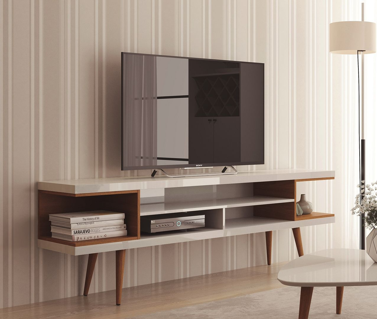 Utopia 70.47" TV Stand with Splayed Wooden Legs and 4 Shelves in White Gloss and Maple Cream