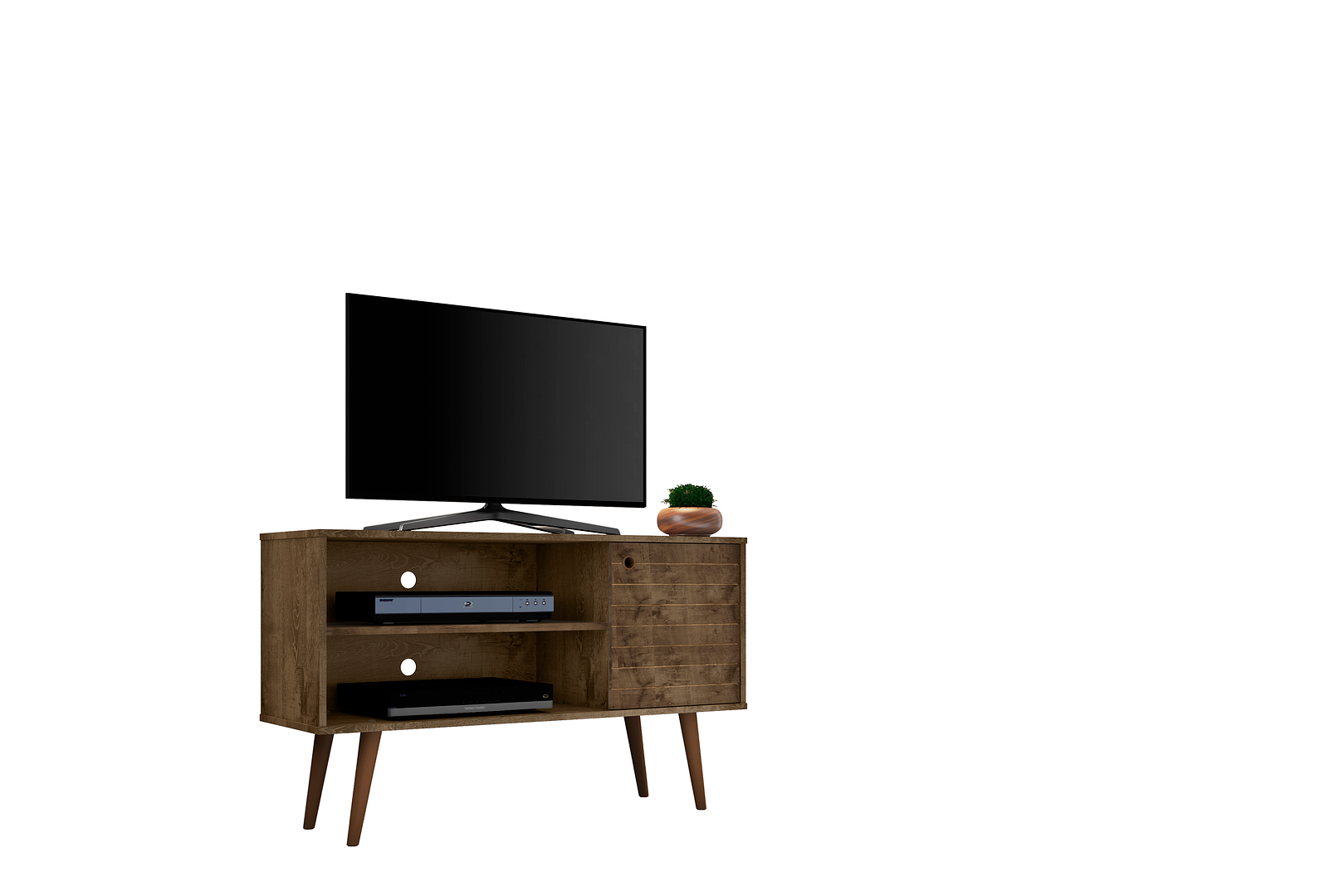 Liberty 42.52" Mid-Century Modern TV Stand with 2 Shelves and 1 Door in Rustic Brown