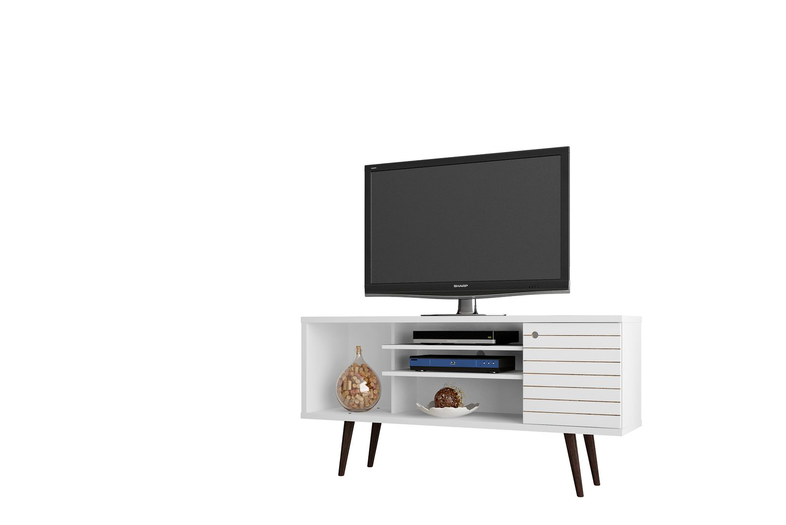 Liberty 53.14" Mid-Century Modern TV Stand with 5 Shelves and 1 Door in White with Solid Wood Legs