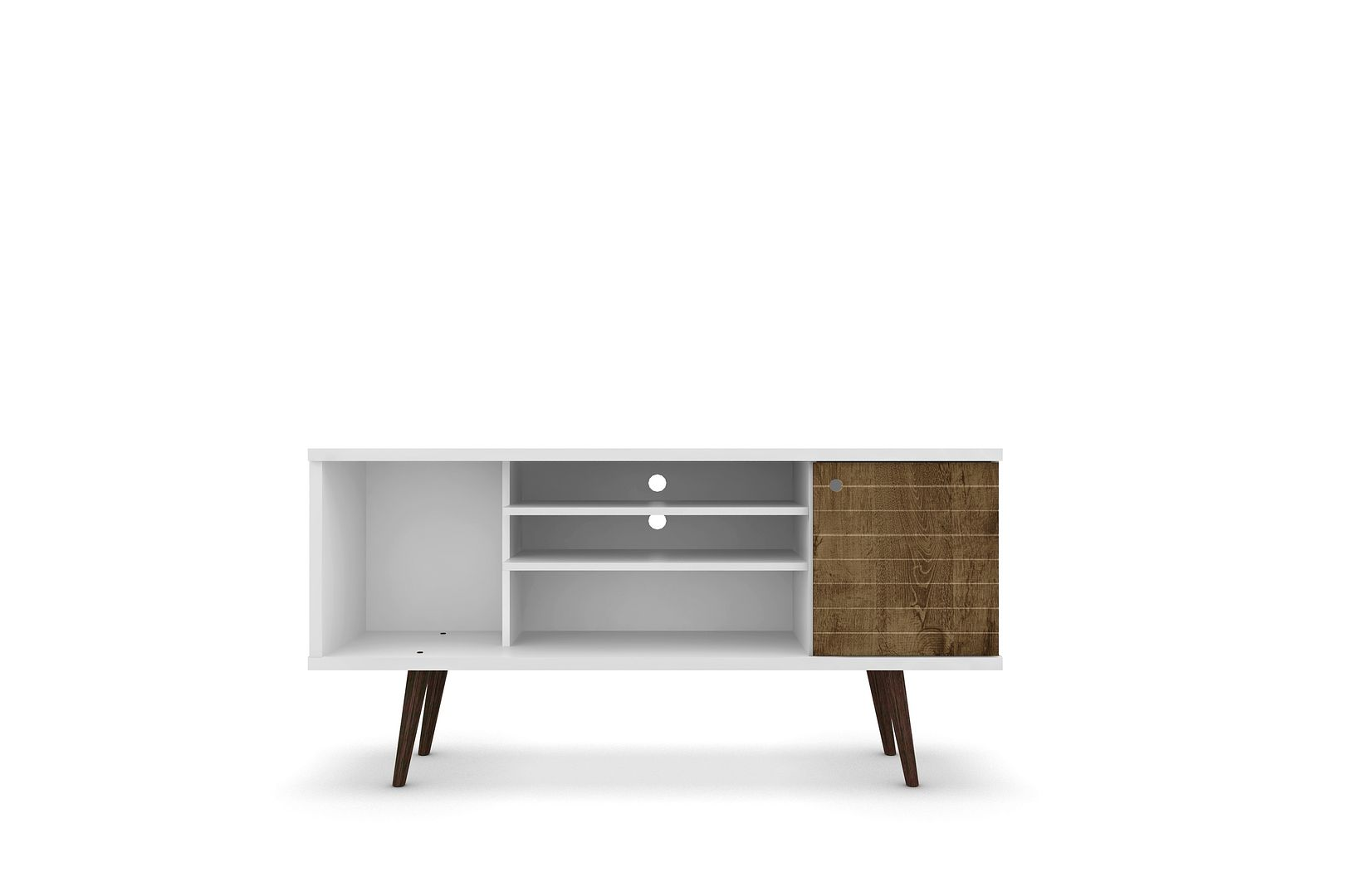 Liberty 53.14" Mid-Century Modern TV Stand with 5 Shelves and 1 Door in White with Solid Wood Legs