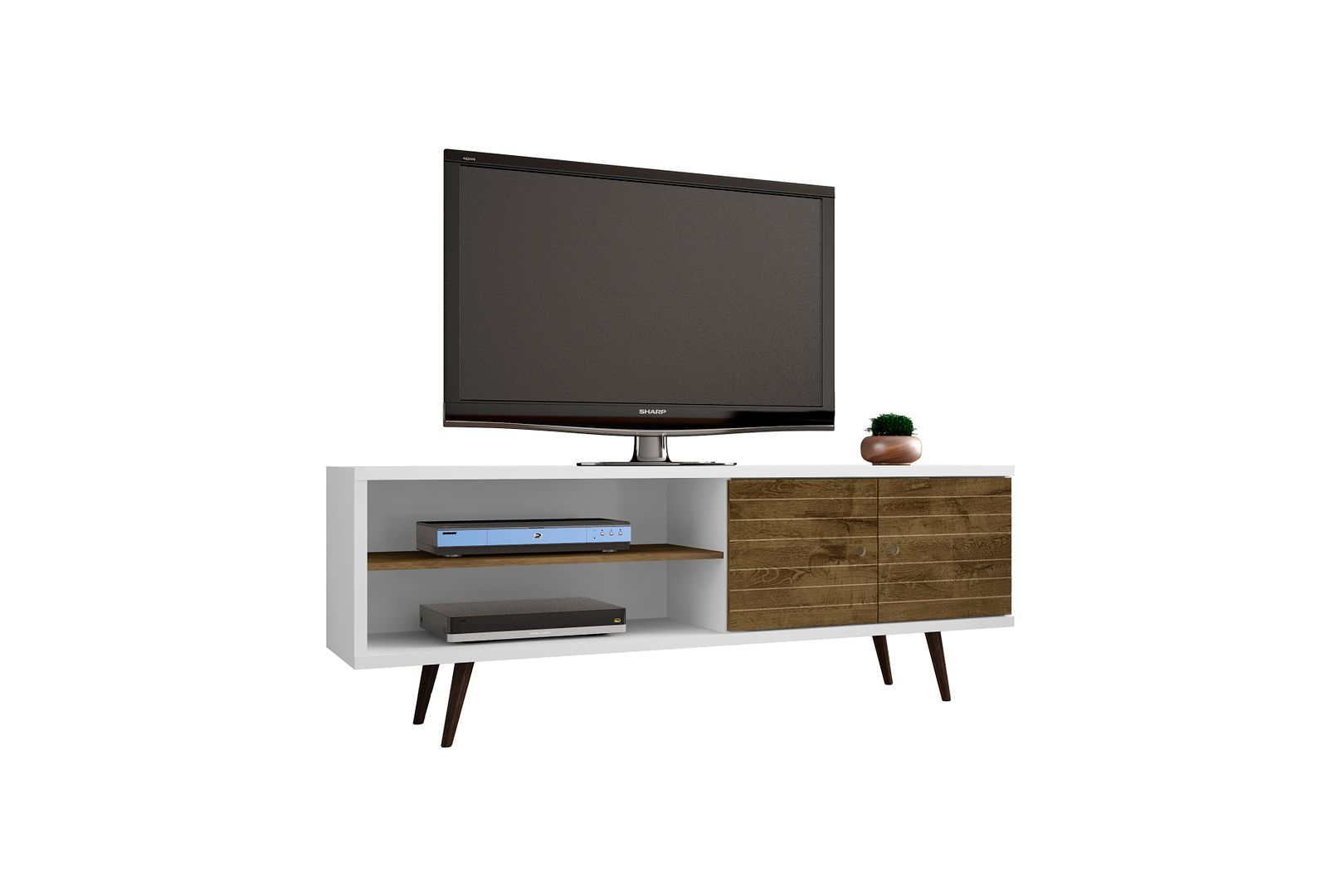 Liberty 62.99" Mid-Century Modern TV Stand with 3 Shelves and 2 Doors in Rustic Brown and White with Solid Wood Legs