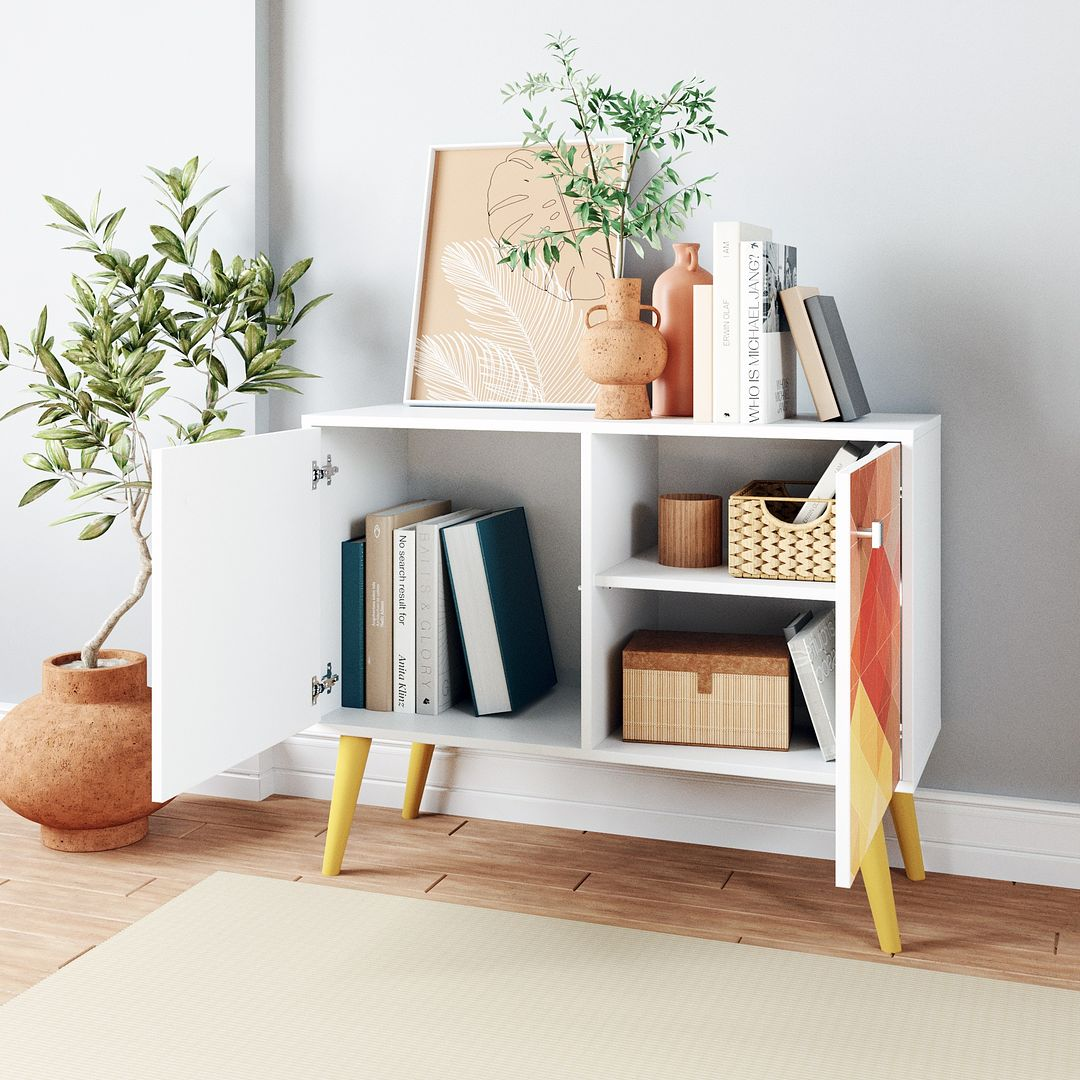 Avesta Double Side Table. 2.0 with 3 shelves in White and Stamp