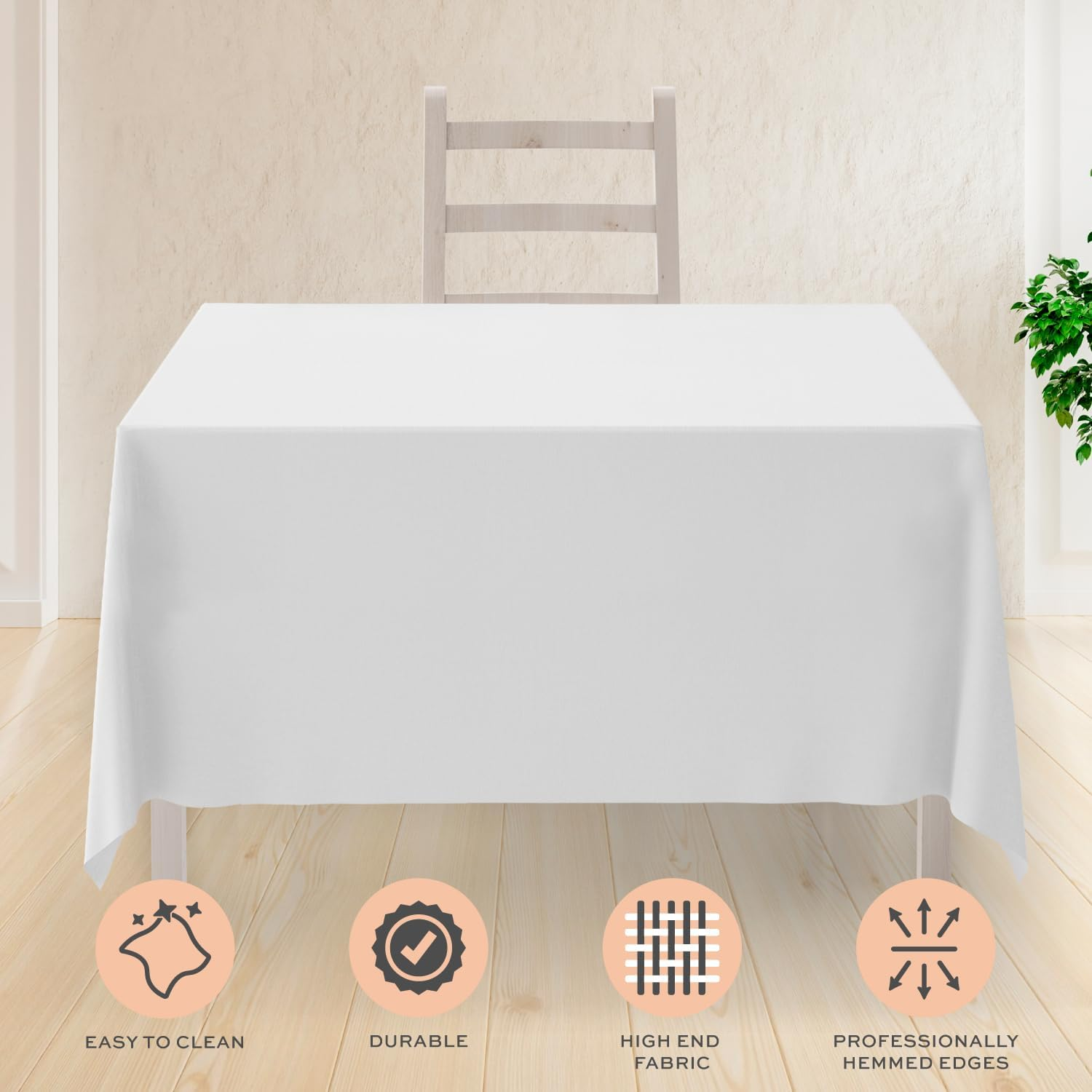 2 Square Tablecloth Covers 52x52 Inch | Table Cloths for Square or Round Table | 200 GSM Washable Wrinkle-Resistant Fabric for Weddings, Kitchen, Restaurant | White | 2 Pack